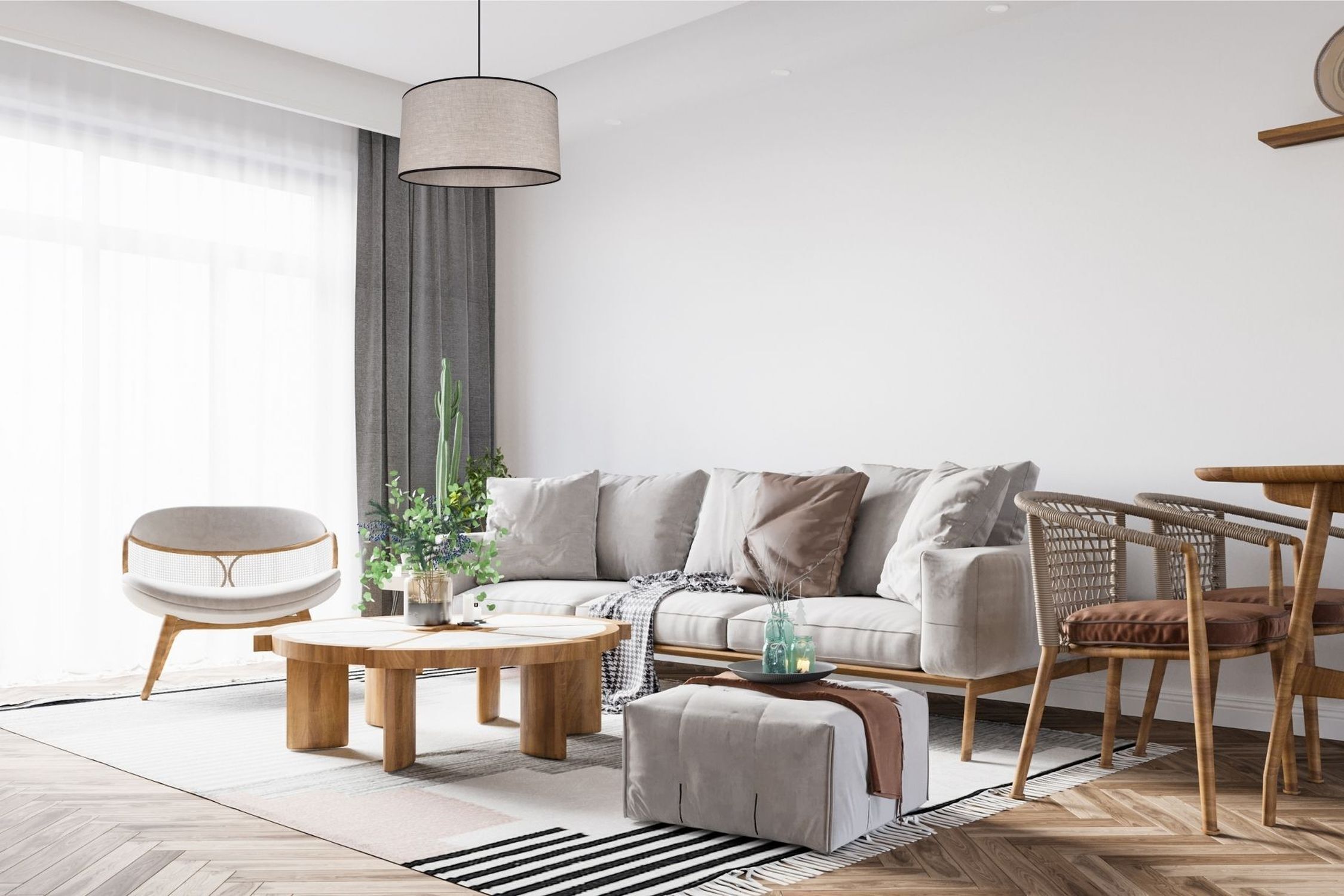 wohnzimmer, sofa, runde tisch, kissen, pflanzen