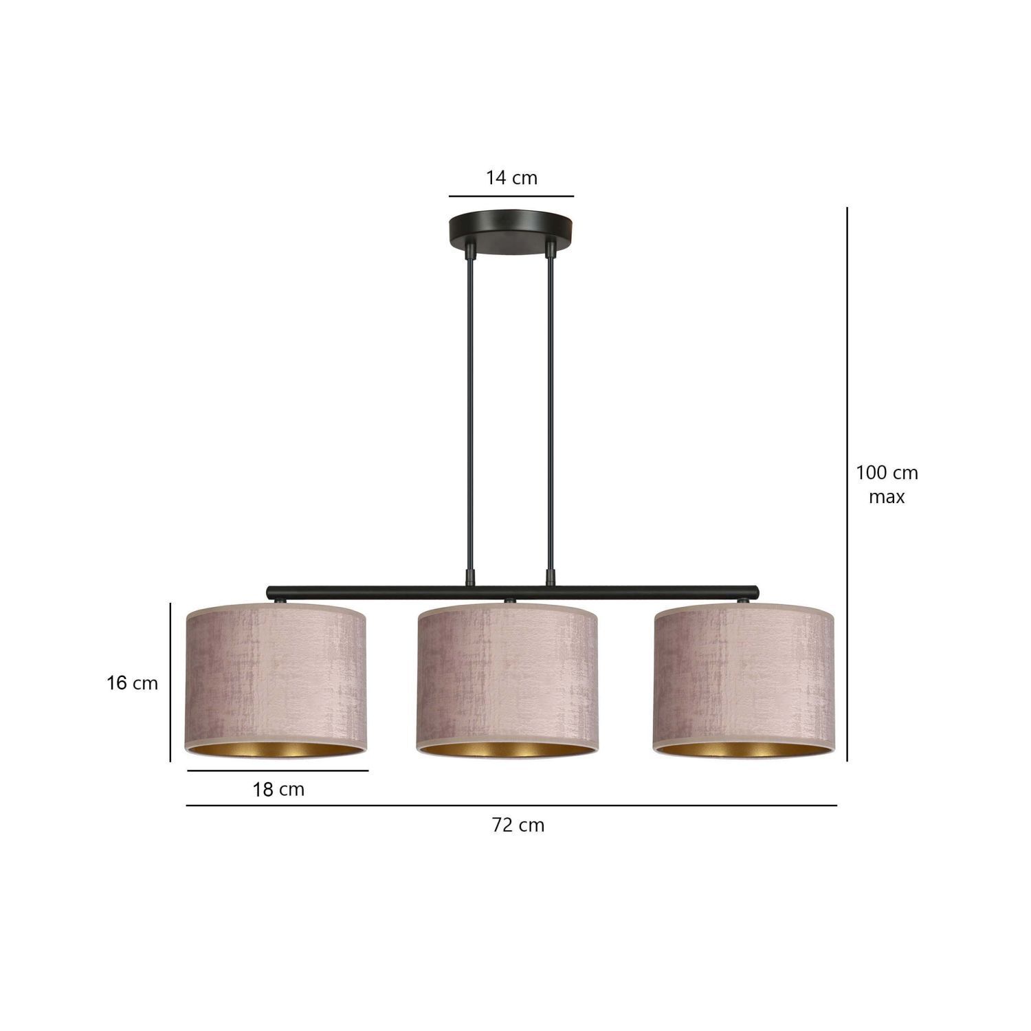 Hängelampe Metall Stoff L: 72 cm Schwarz Rosa Gold 3-flammig