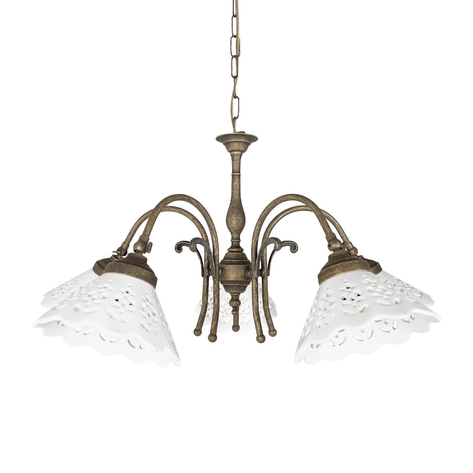 Hängelampe Messing Keramik in Weiß Bronze Antik 5x E27 Leuchter, Lampe, Leuchte