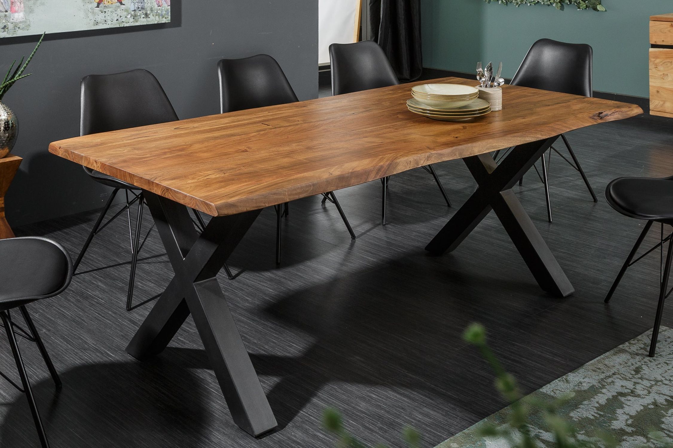 Esstisch Akazienholz Metall Baumkante 180x88 cm Industrial