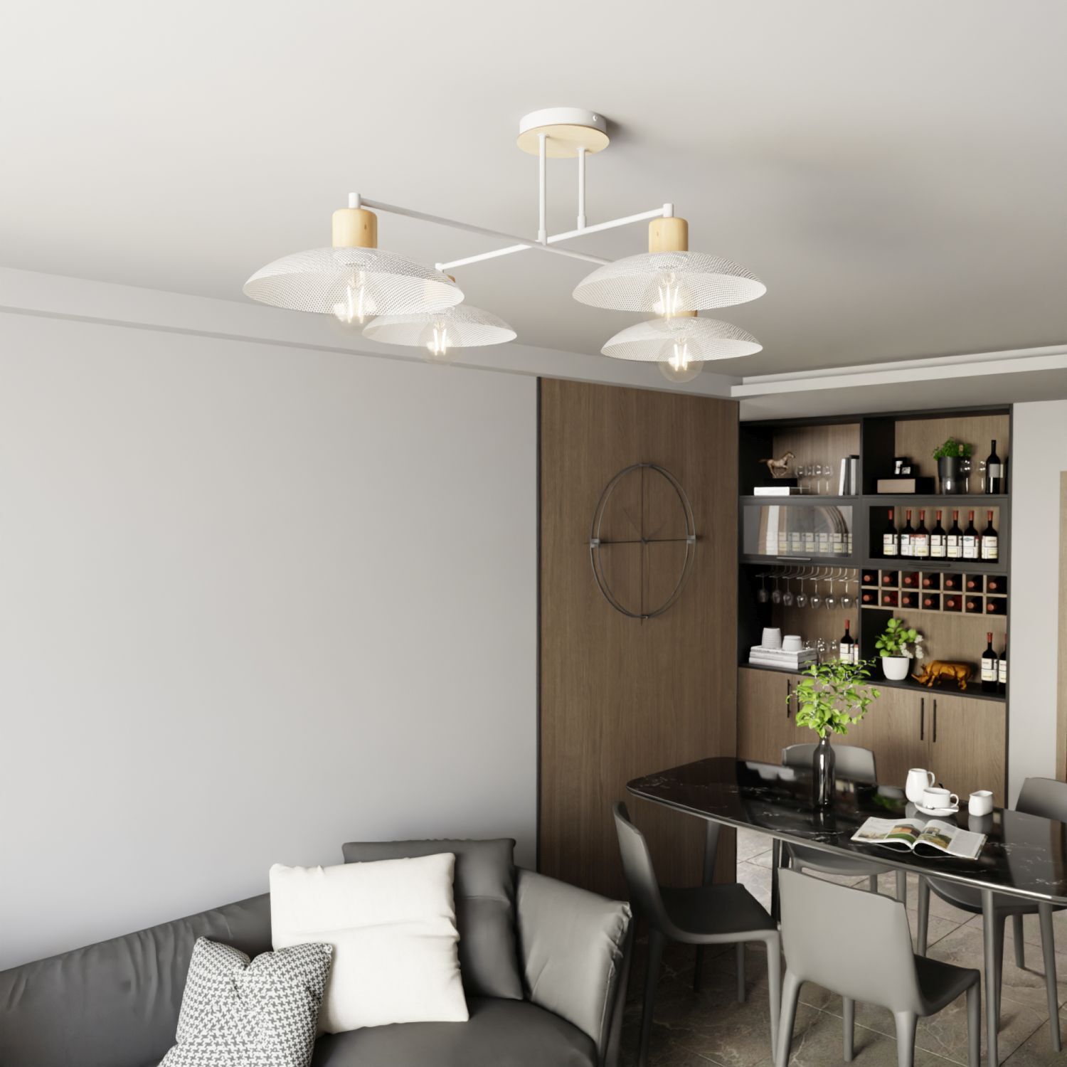 Deckenleuchte Weiß Holzoptik 100 cm groß Metall E27 4-flammig Speisesaal, Esstisch, Tisch, Innenarchitektur, Kronleuchter