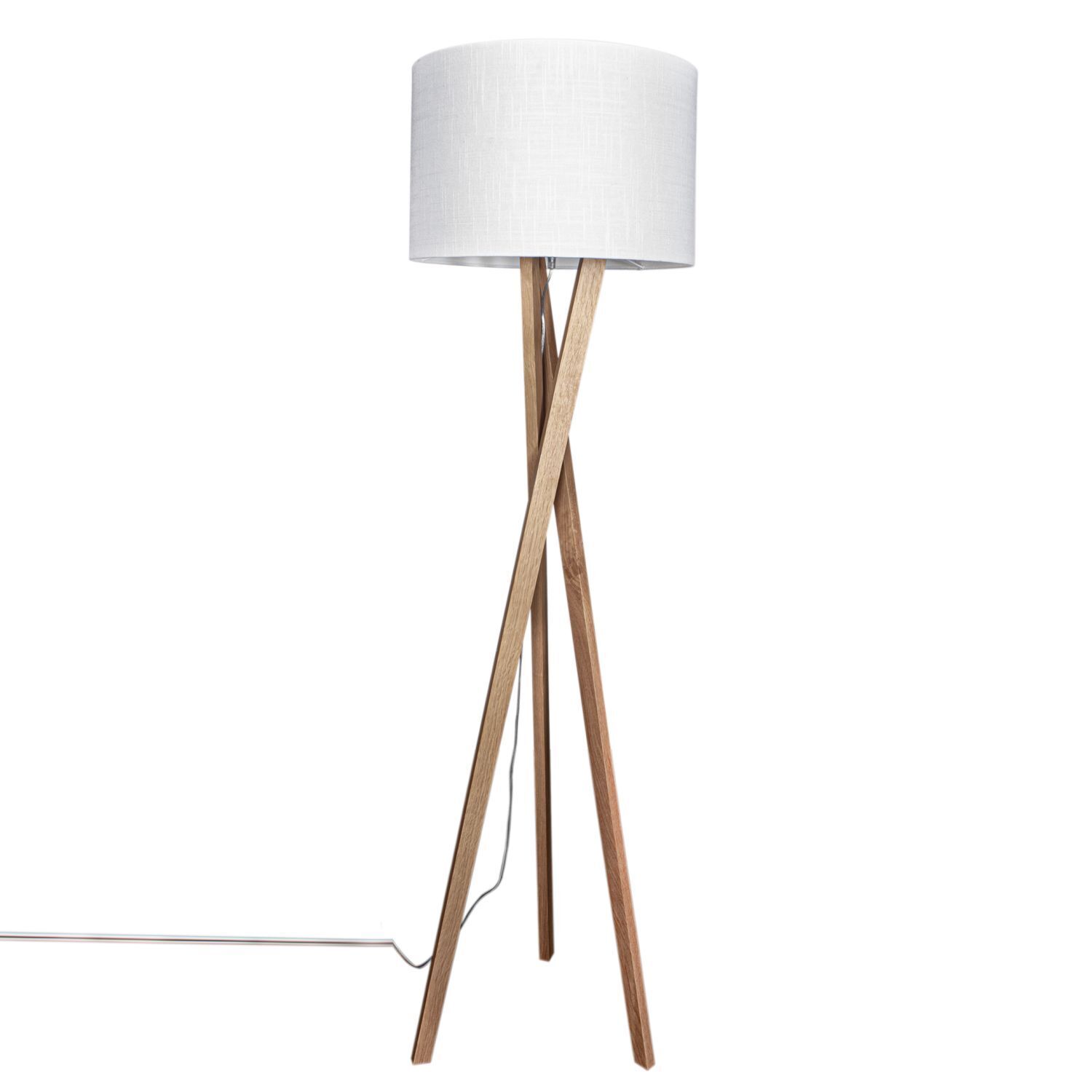 Stehlampe, Holzständer, Weißer Lampenschirm, Tripod-Lampe, Kabel sichtbar
