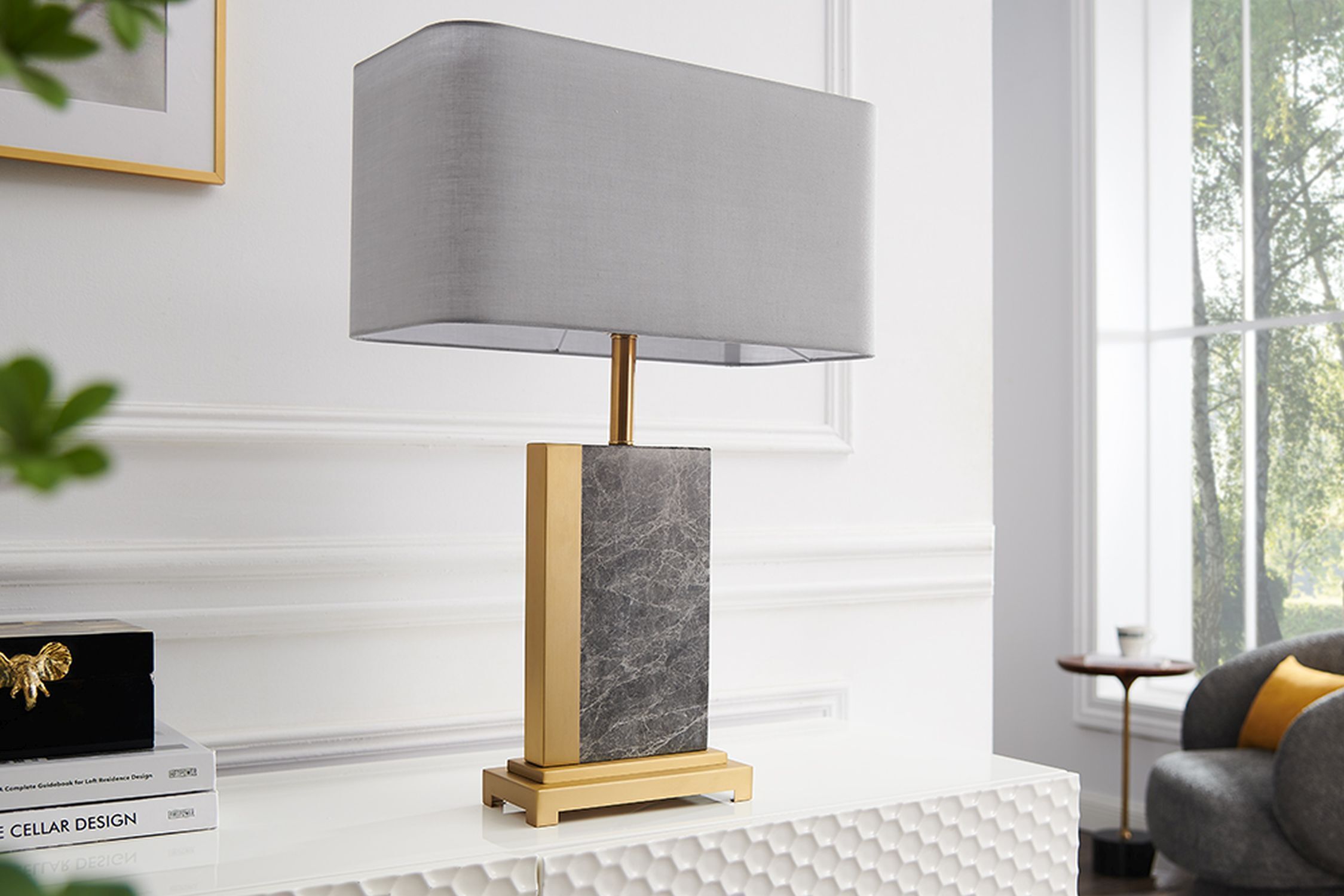 Nachttischleuchte Stoff Marmor Stahl 65 cm in Gold Grau