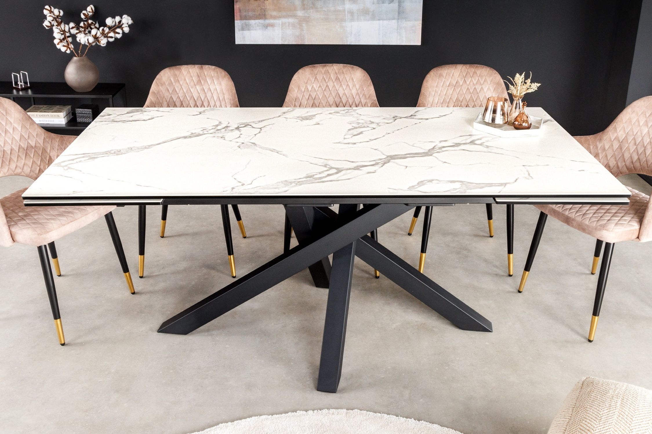 Esstisch ausziehbar Keramik Hartglas Metall in Weiß Schwarz Moebel, Tabelle, Tischplatte, Stuhl, Schreibtisch