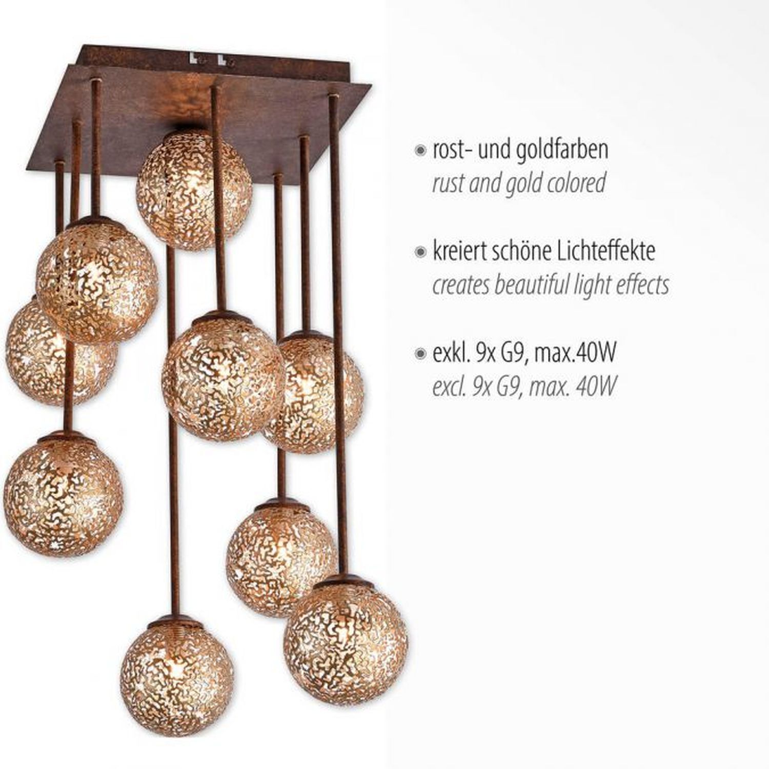 Rustikale Deckenlampe Metall G9 9-flammig Kugeln Gold Lampe, Kronleuchter