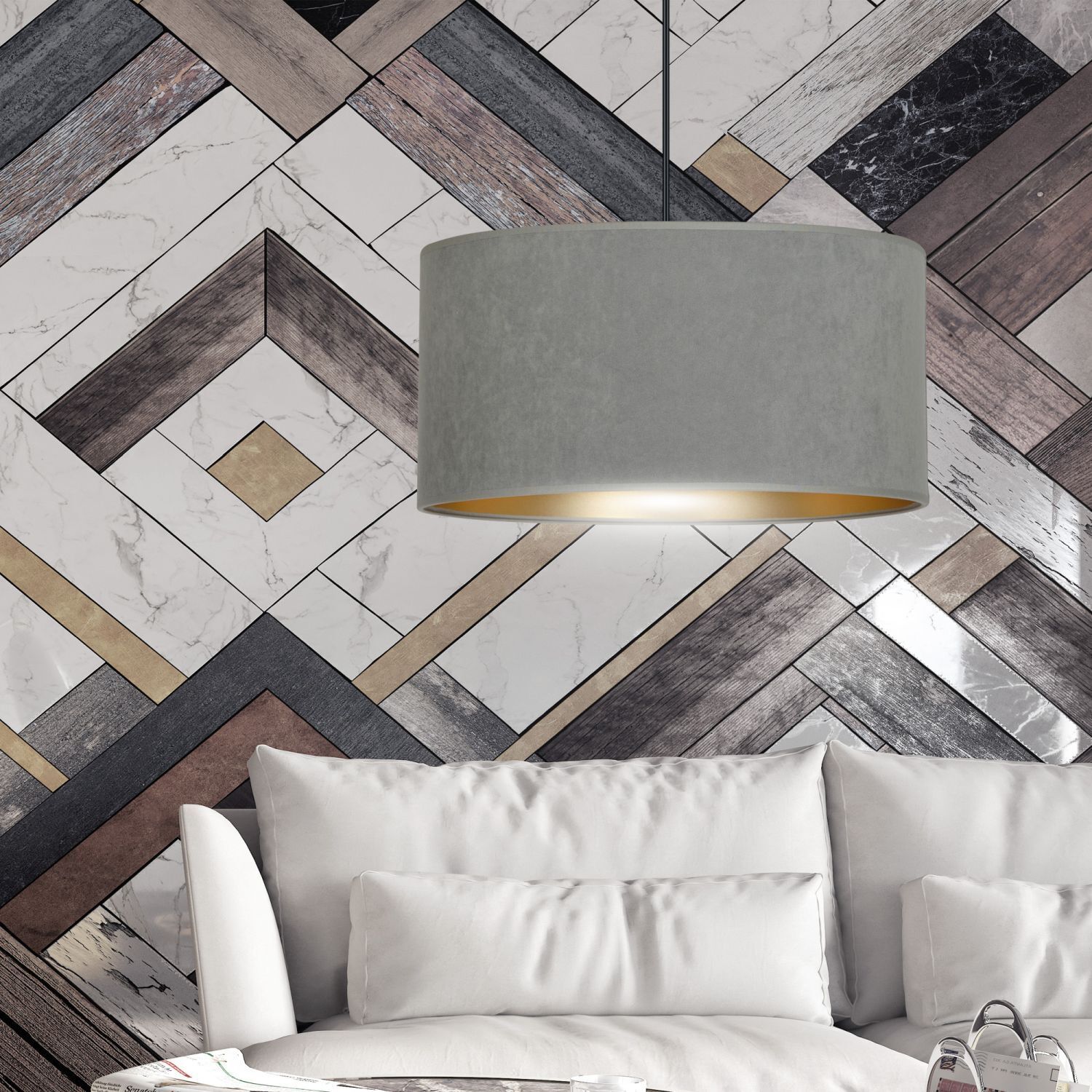 Hängelampe Stoff Ø 35 cm rund Modern Schwarz Grau Gold E27