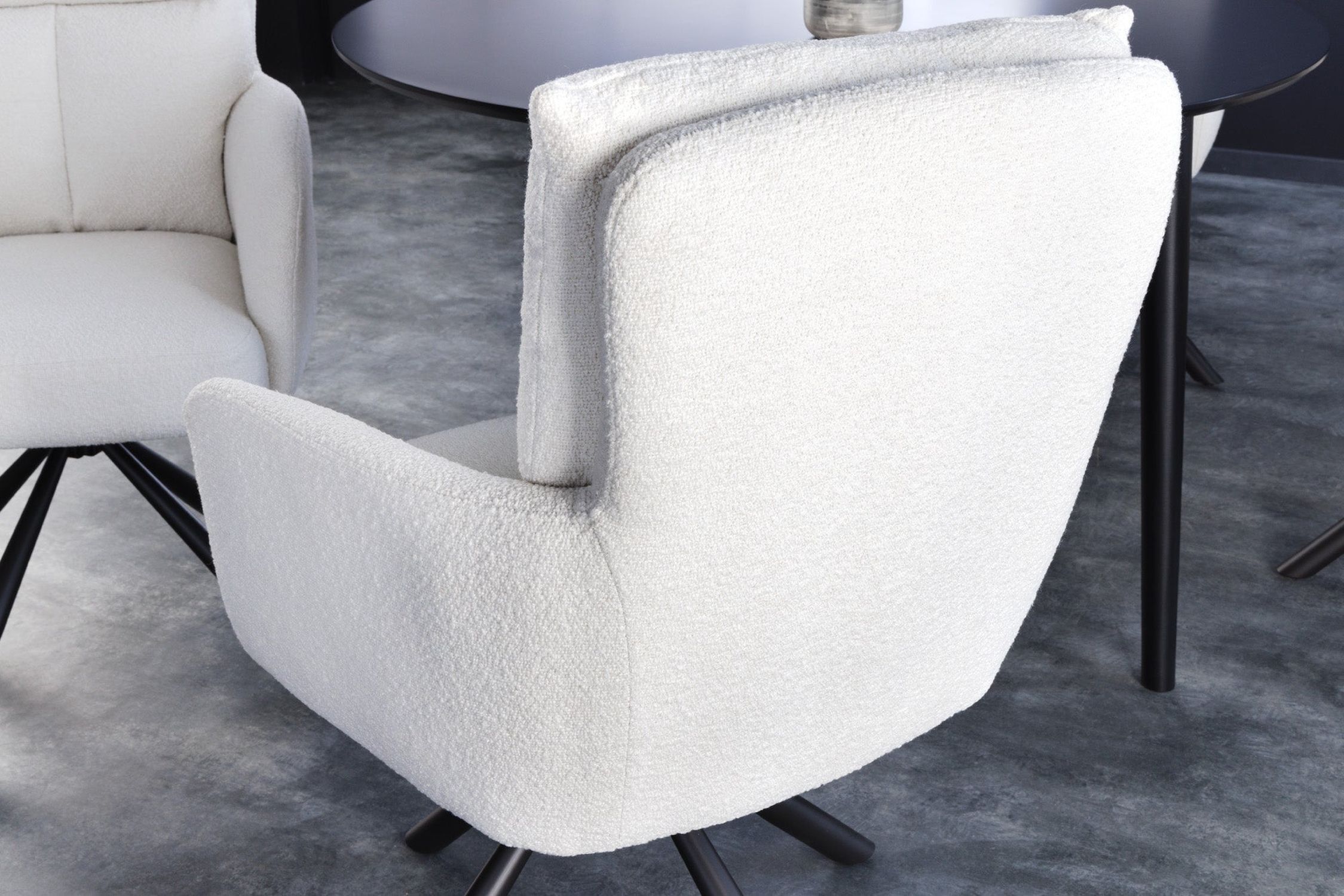 Drehstuhl ohne Rollen aus Bouclé Metall Weiß Schwarz Moebel, Stuhl, Sessel