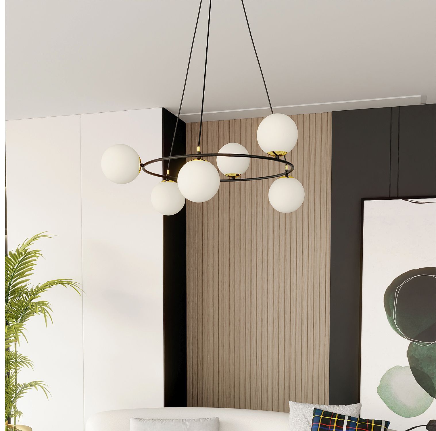 Hängelampe Metall Glas rund Ø 75 cm in Schwarz Weiß Gold