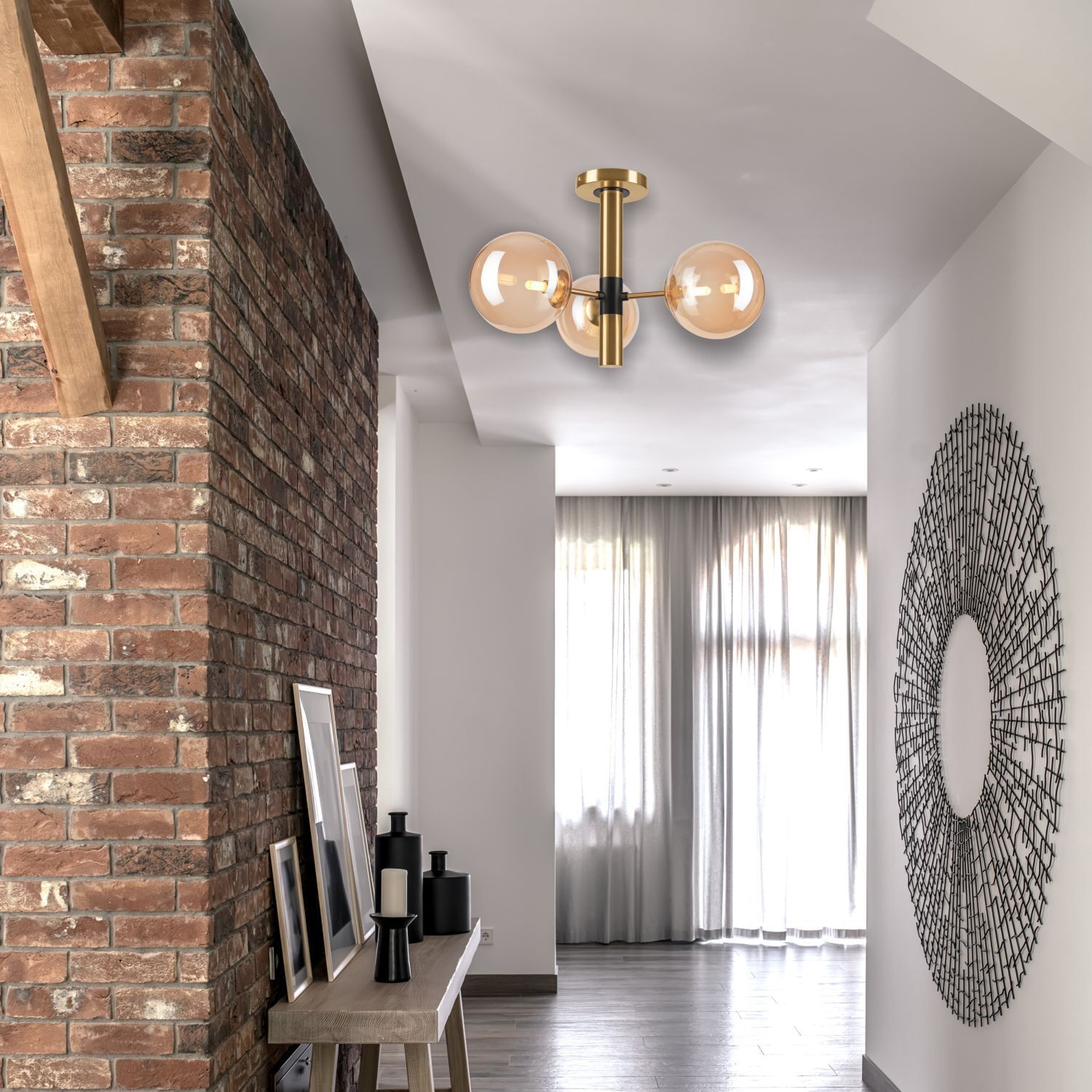 Deckenlampe 3-flammig in Gold Metall Glas G9 L:36 cm Drinnen, Innenarchitektur, Kronleuchter, Lampe, Kerze