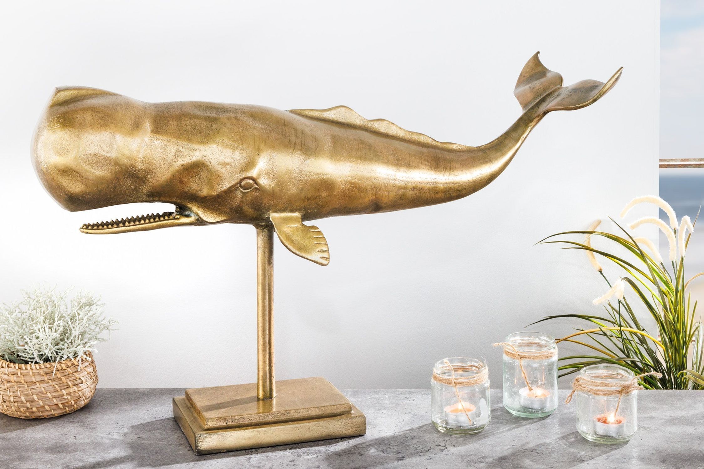 Deko Statue Tisch in Gold Wal Design 70 cm lang Handarbeit