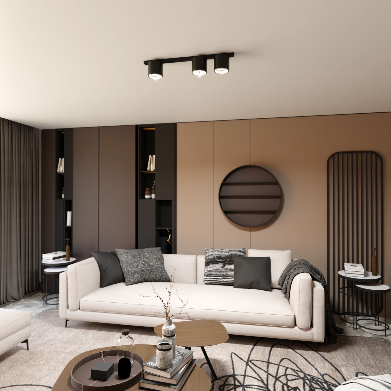 Deckenlampe Metall 70 cm lang Schwarz 3-flammig GU10 AR111 Dekoration für Zuhause, Innenarchitektur, Wohnzimmer, Kissen, Couch