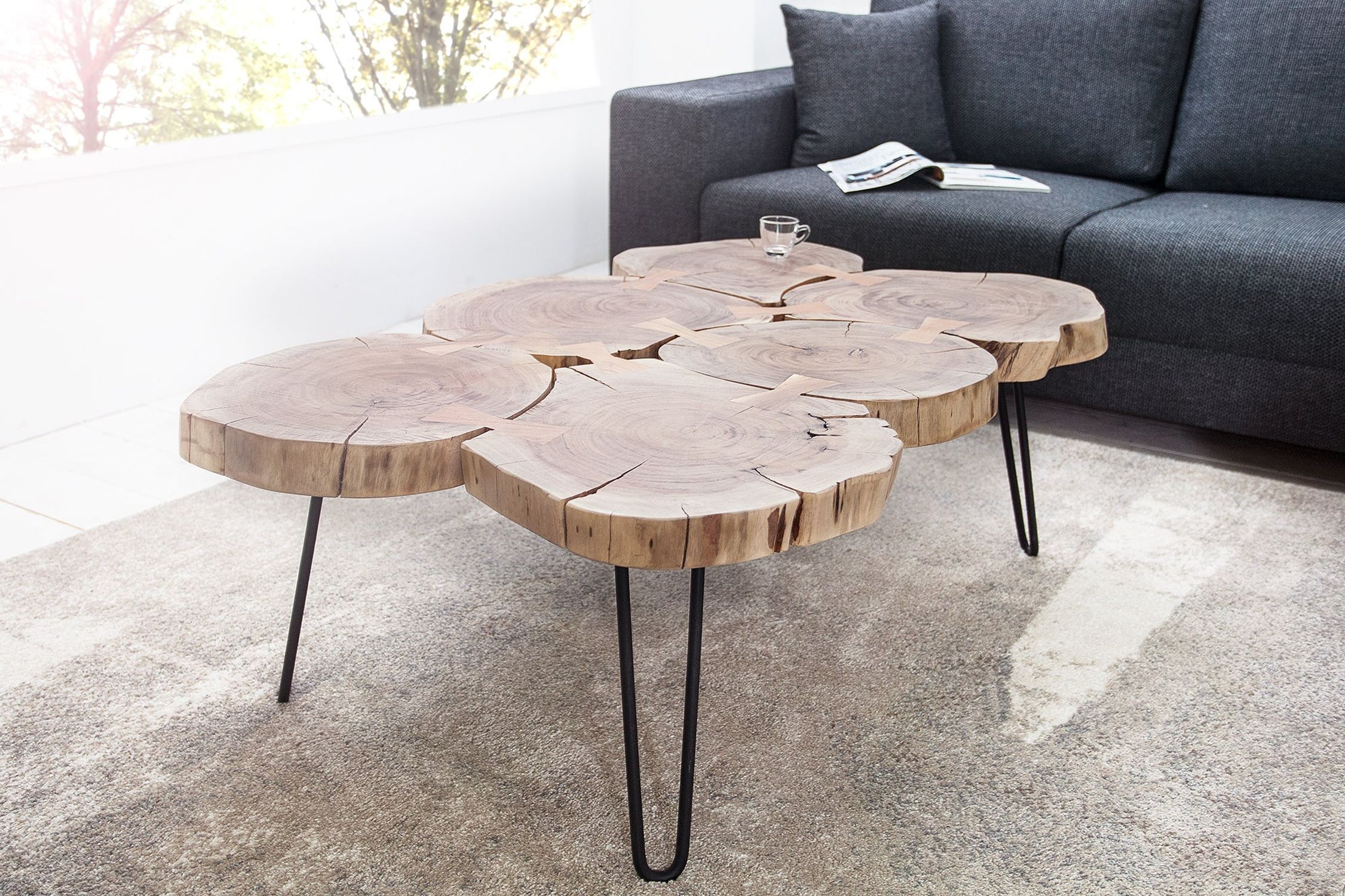 Couchtisch Akazienholz Metall 110 x 70 cm Baumscheiben Moebel, Tabelle, Tischplatte, Kaffeetisch, Holz