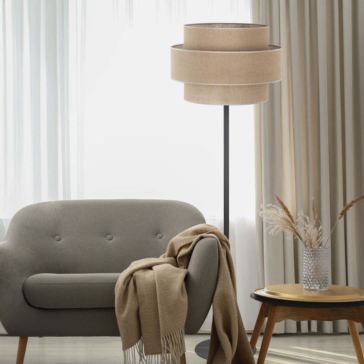 Stehleuchte Schwarz gemütlich 15,5 cm E27 Stahl Jute Sessel, Wohnzimmer, Stehlampe, Lichtschirm, Deko
