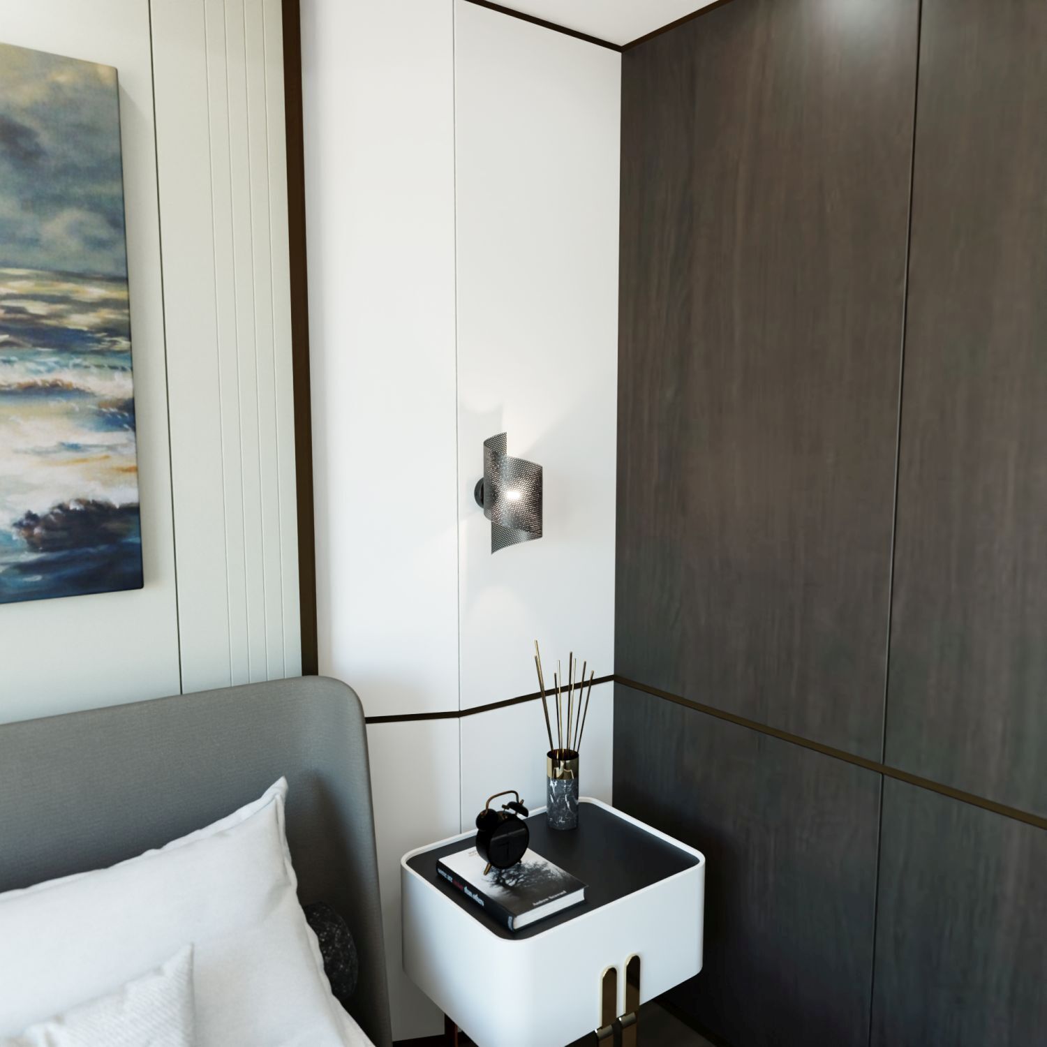 Schrank, Nachttisch, Nachtkonsole, Lampe, Griffmulde