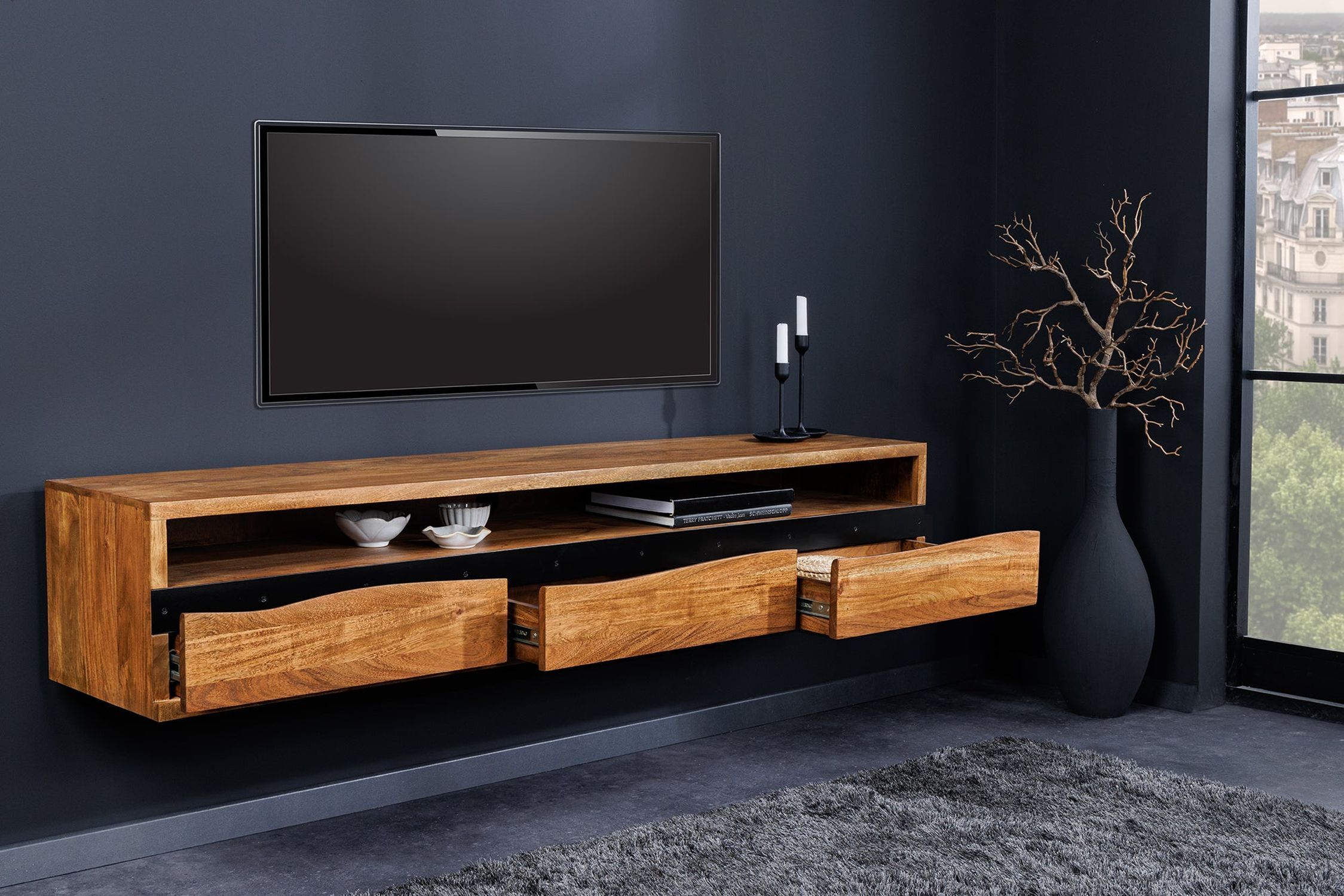 TV Hängeboard 160 cm Schubladen Baumkante Akazienholz