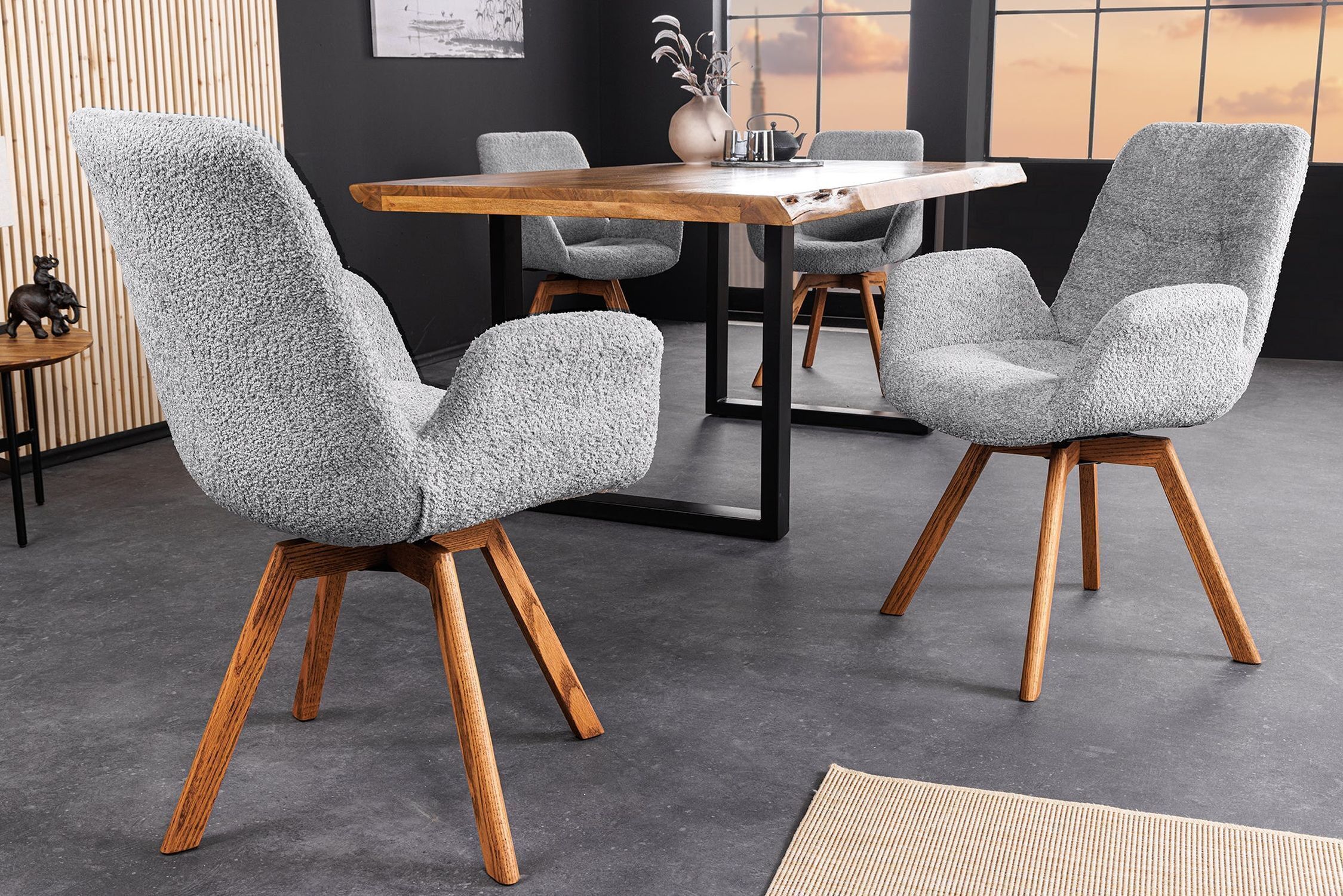 Esszimmerstuhl Grau Skandinavisch aus Bouclé Holz Moebel, Stuhl, Fußboden, Tabelle, Drinnen