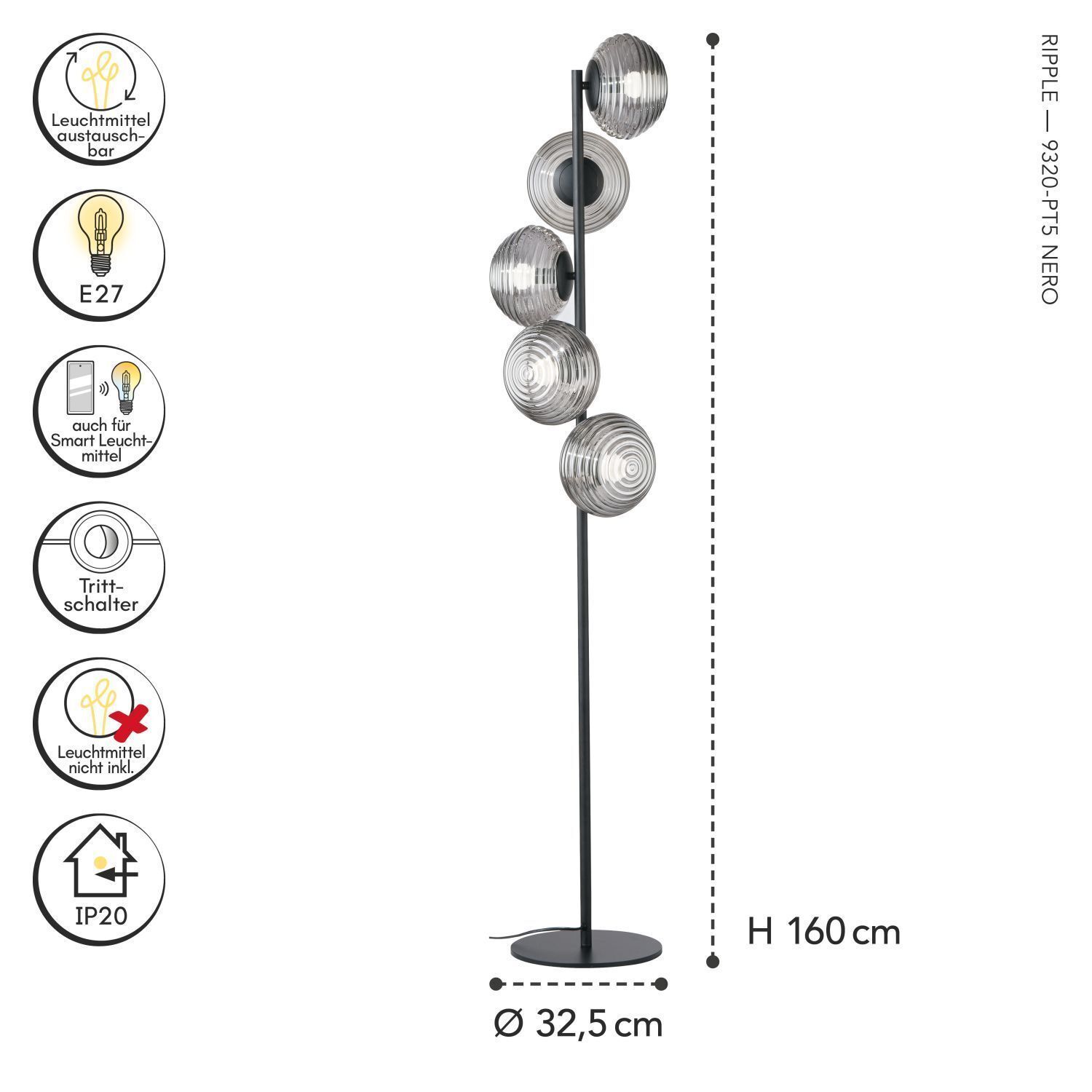 Stehlampe Schwarz Rauchglas Metall Schalter 160 cm E27 Stehleuchte, Kugelleuchten, Metall, Schwarz, IP20