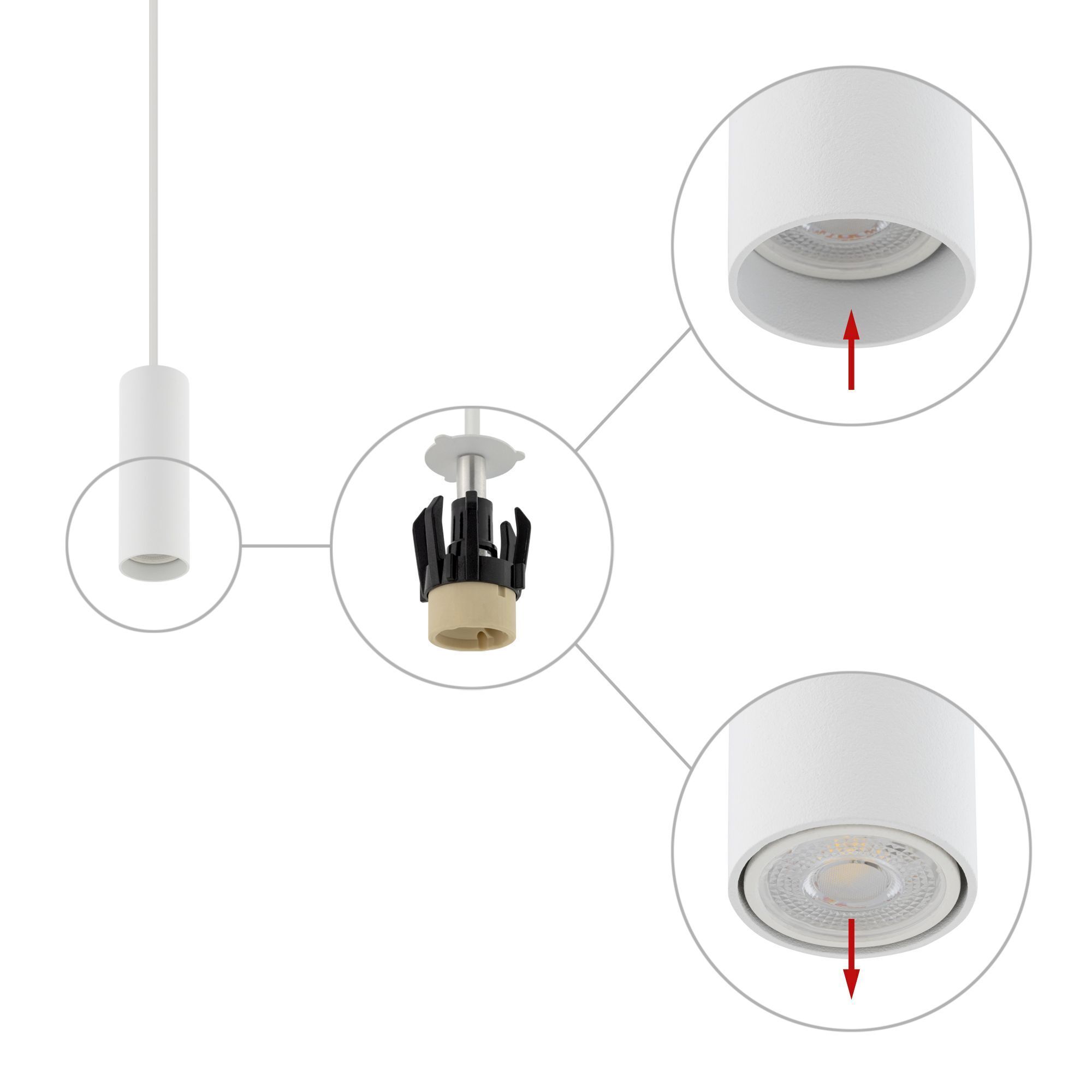 Pendelleuchte Ø 4 cm GU10 R35 Weiß Metall verstellbar pendant light, ceiling fixture, adjustable spotlight, white cylindrical, spotlight head