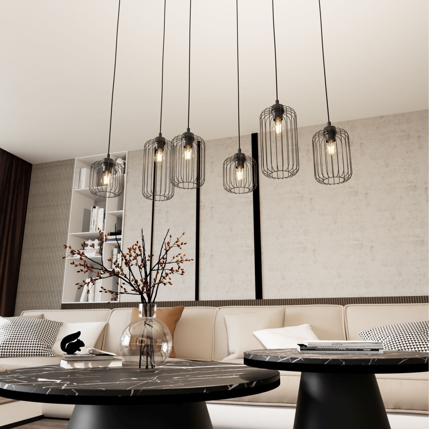 pendant lights, hängende lampen, wohnzimmer, schwarzmetall käfig, marmortisch
