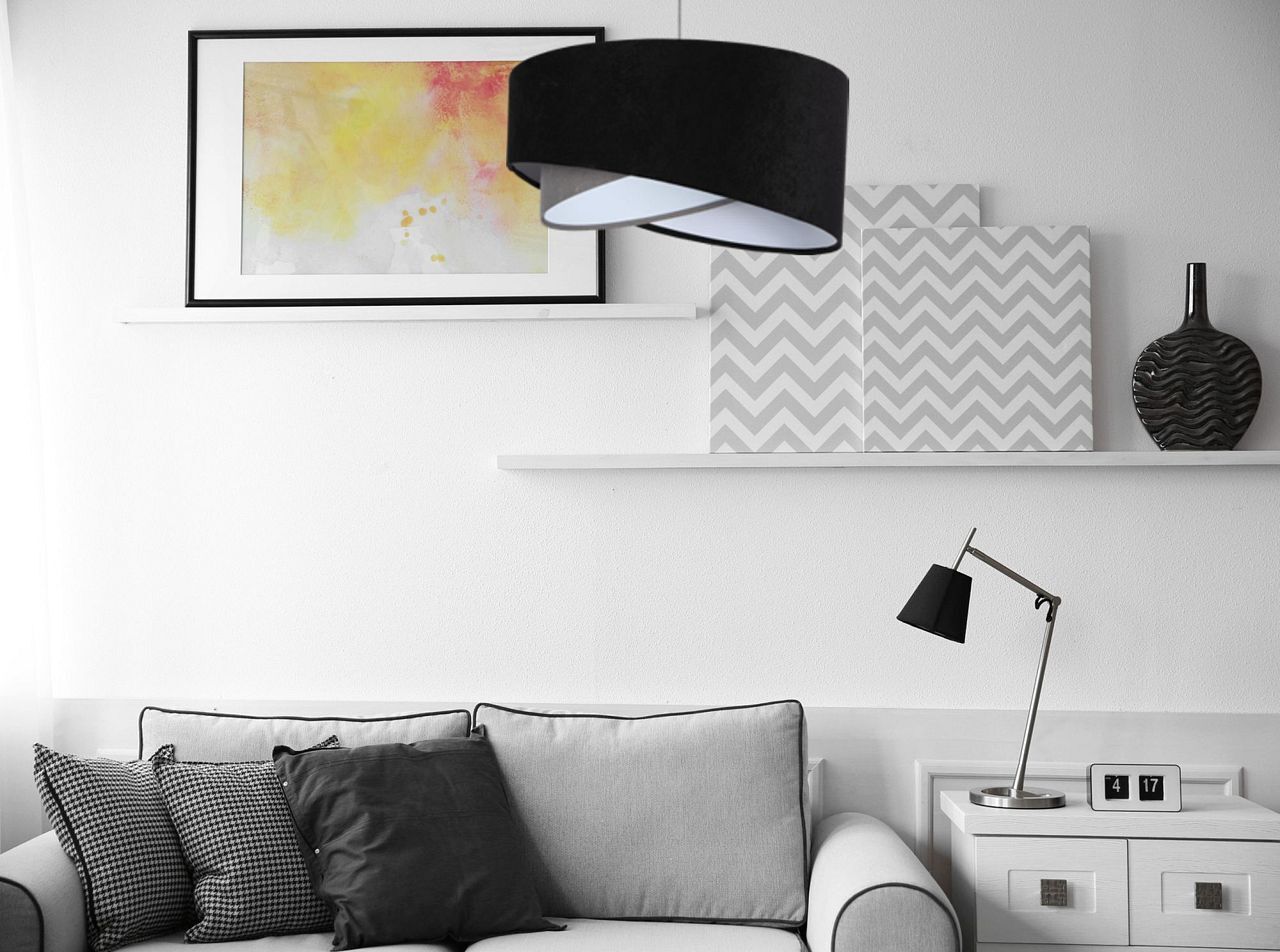 Hängelampe Schwarz Grau E27 rund Ø 50 cm Stoff Velours Optik Lampe, Wohnzimmer, Couch, Innenarchitektur, Inneneinrichtung