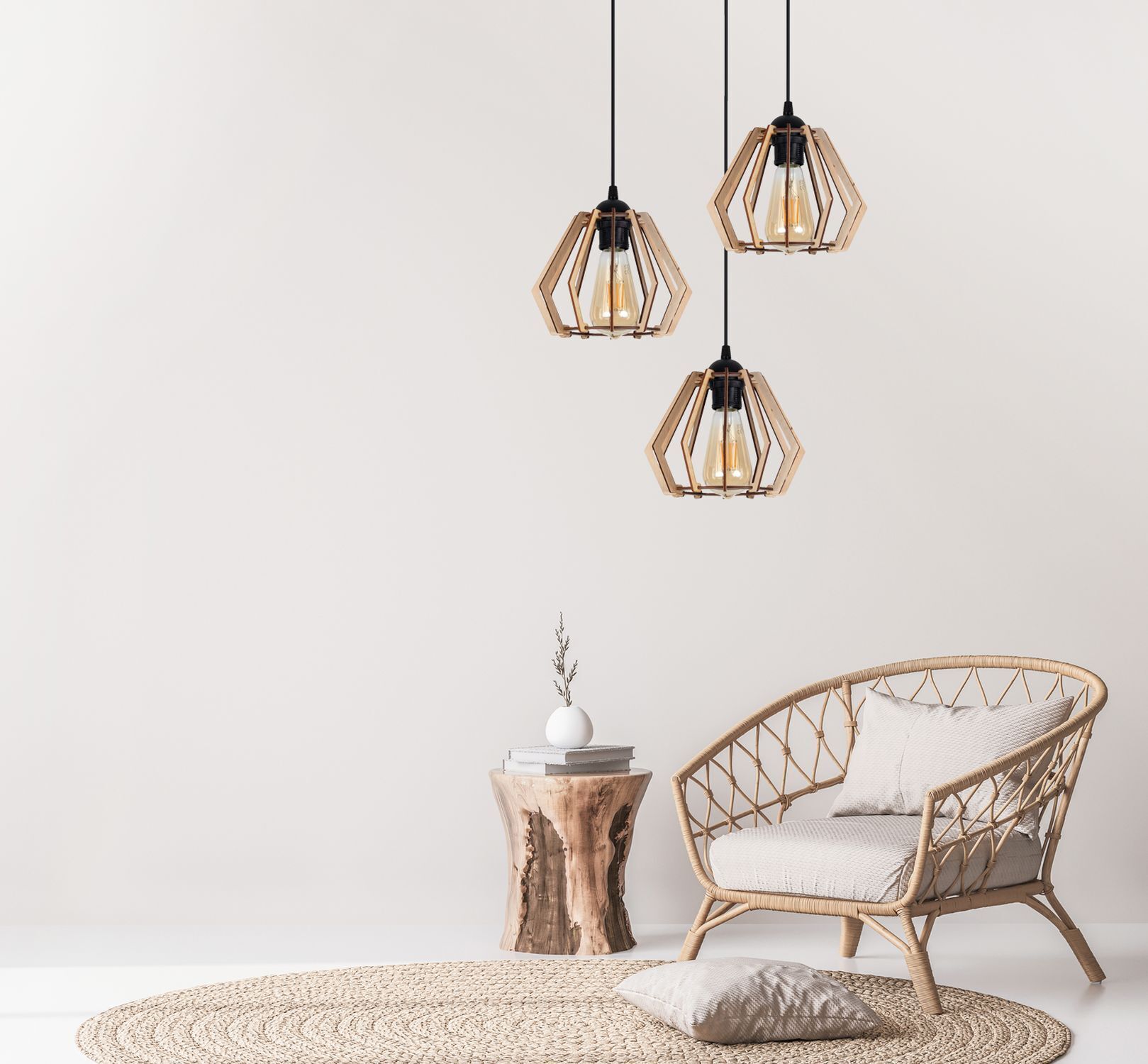 Wohnliche Hängeleuchte Holz E27 B:37 cm Schwarz Natur pendant light, geometric frame, wooden, three-light, rattan chair