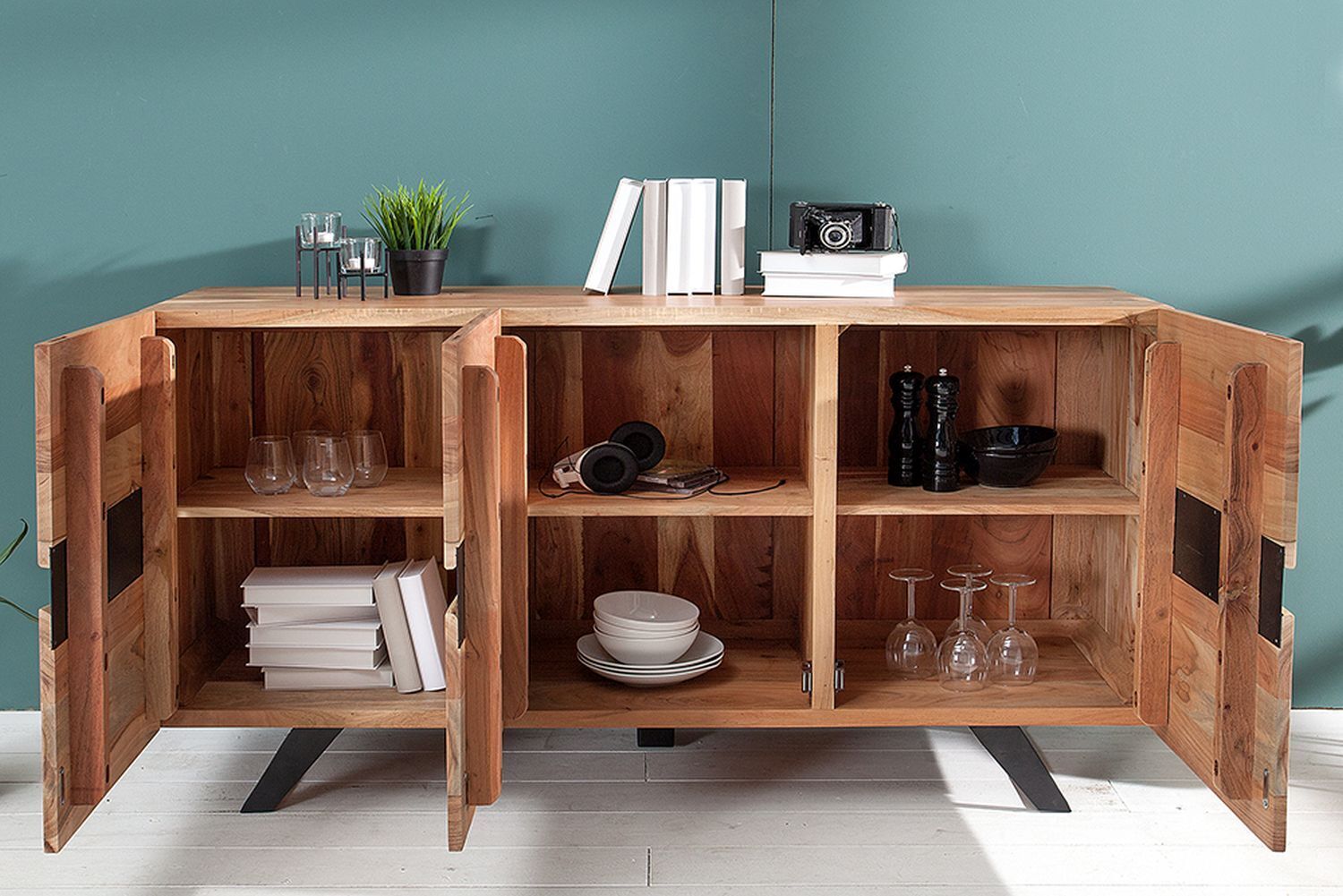 Sideboard Akazienholz Metall 118 cm in Natur Schwarz Moebel, Anrichte, Holz, Hartholz, Gebeiztes Holz