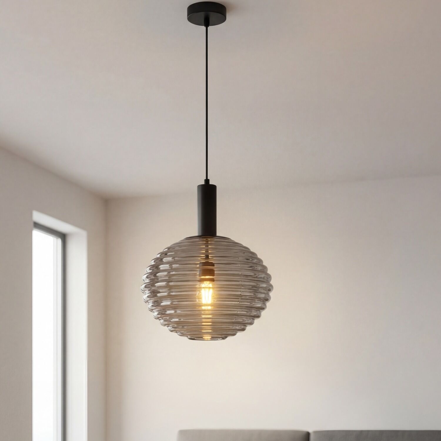 Hängelampe Glas Rauchgrau Metall Ø32 cm E27 Schwarz