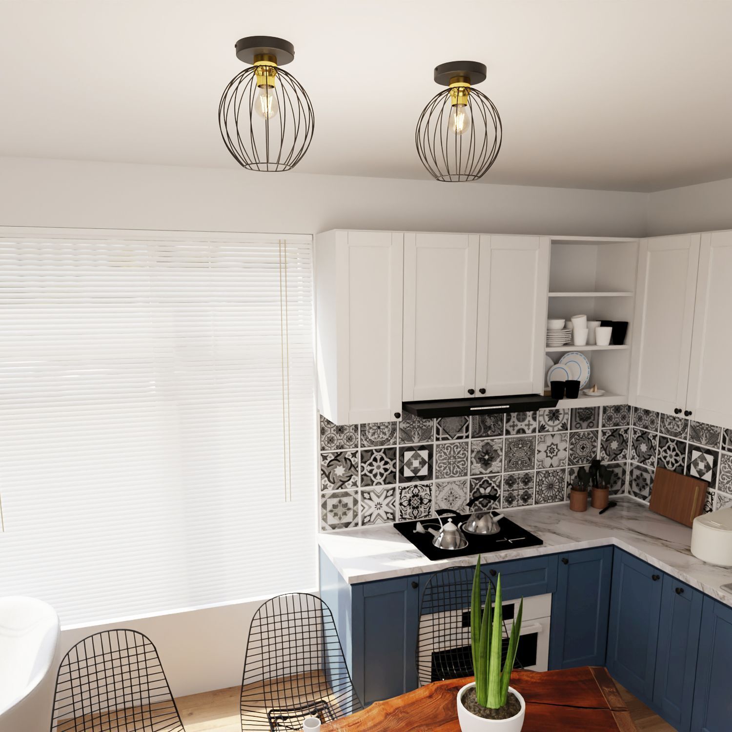 küche, Küchenschränke, Fliesenrückwand, Herd, Hängeleuchten