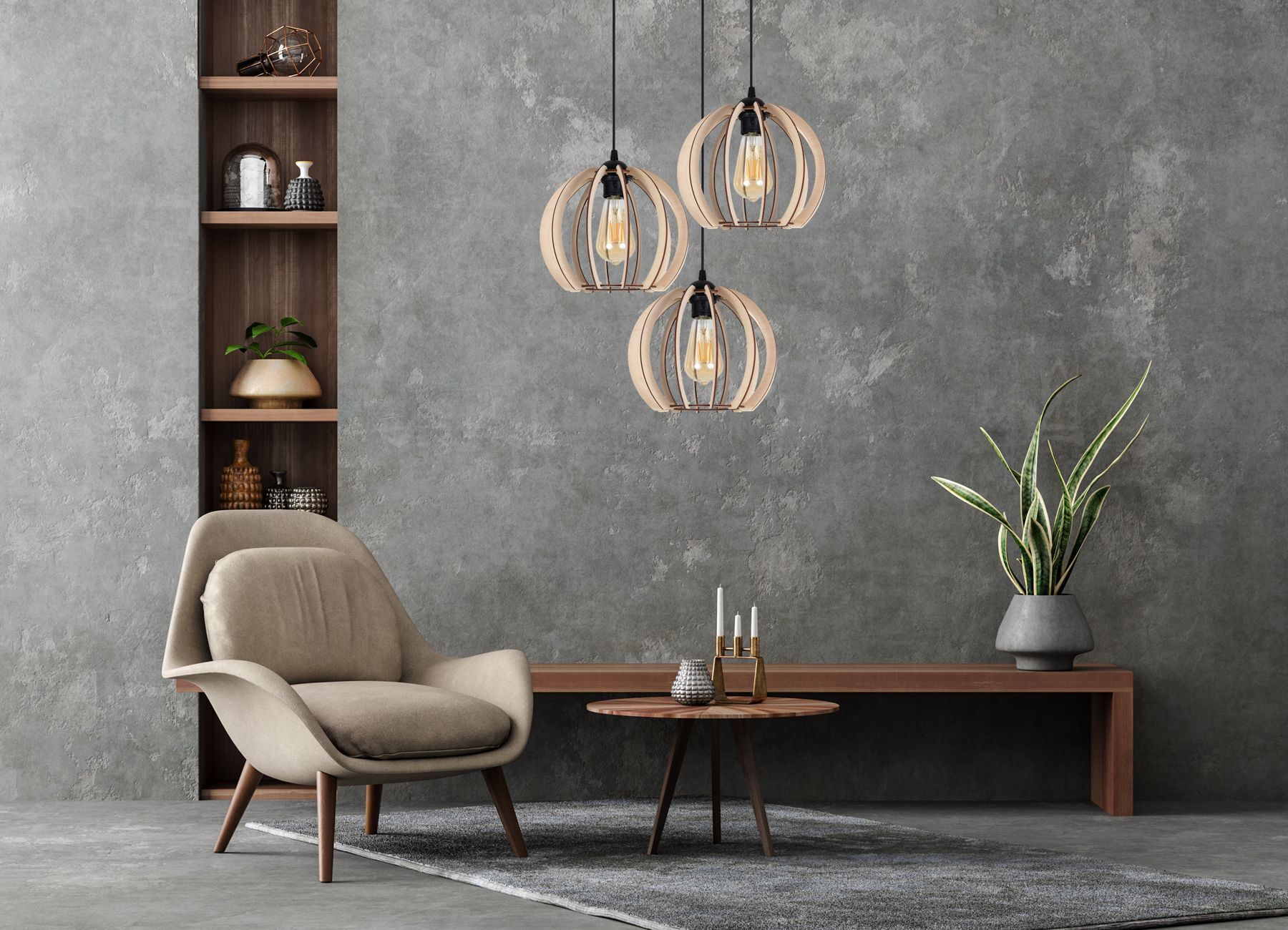 Wovenelement, Deckenleuchte, Holz, neutrale Töne, Wohnzimmer