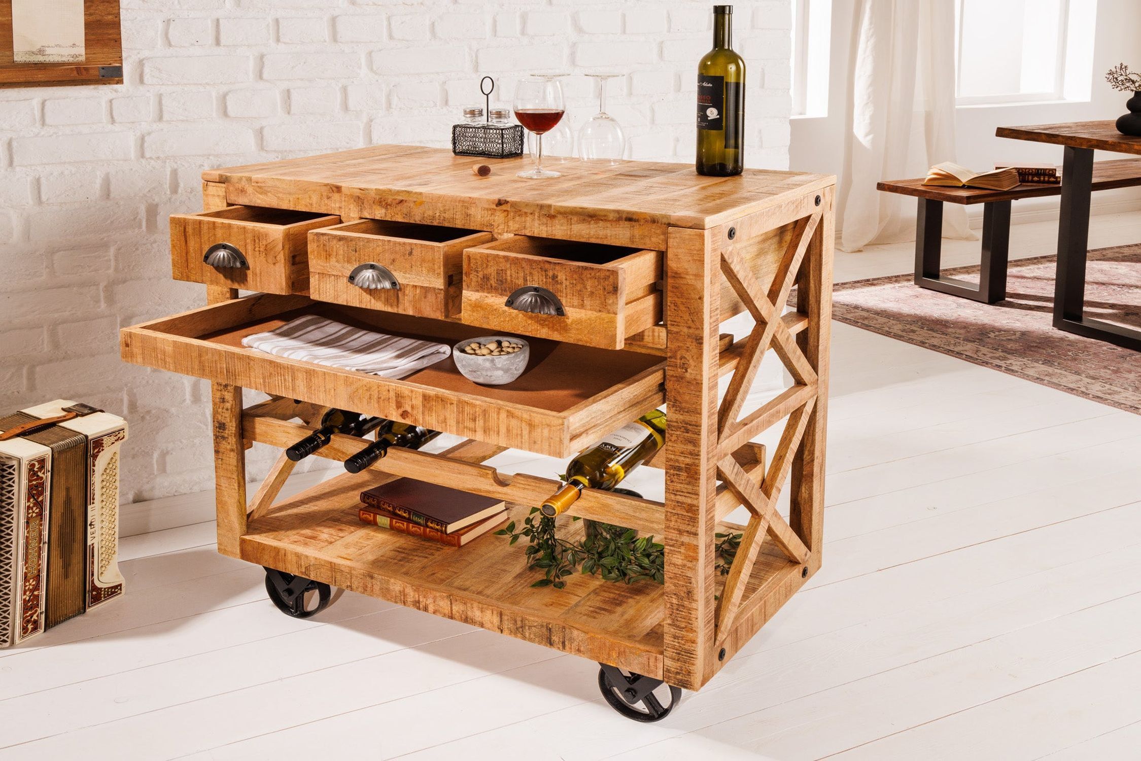 Barschrank mit Rollen Mangoholz massiv B: 86 cm Industrial