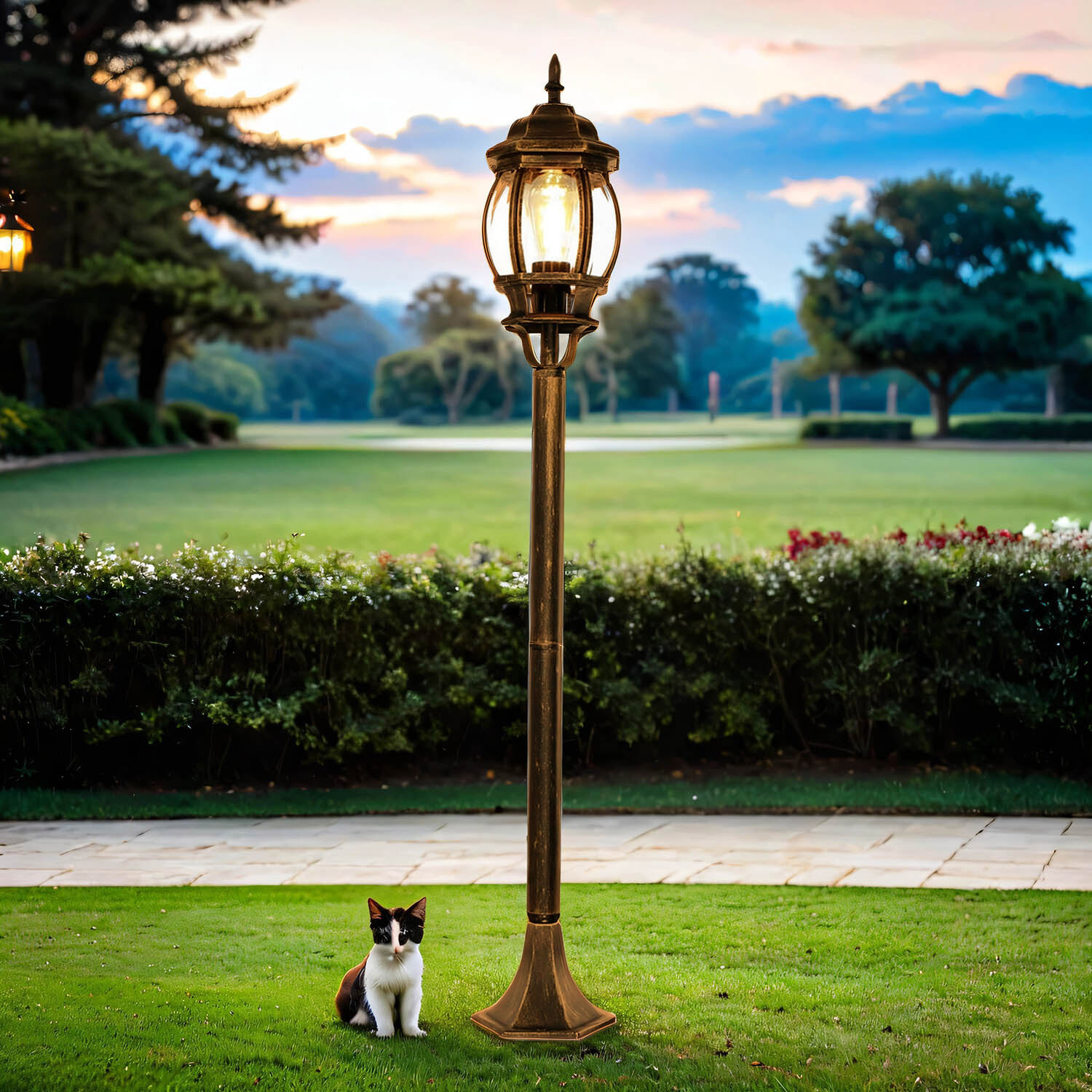 Wegeleuchte Garten E27 111 cm in Schwarz Kupfer Rustikal Gras, Pflanze, Laternenpfahl, Katze, Lampe