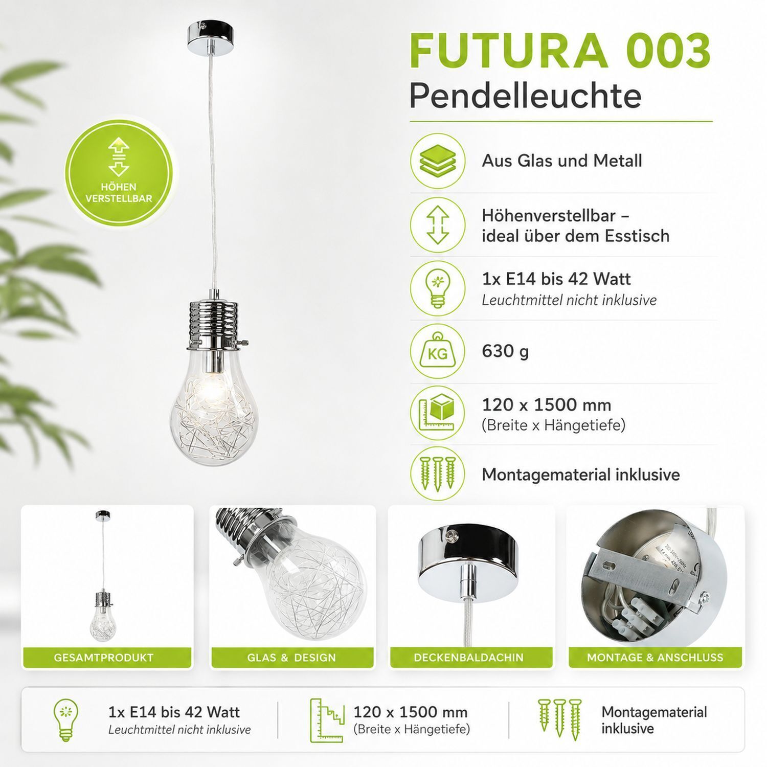 Hängelampe Glas Metall Glühbirnen-Design dekorativ E14 Pendelleuchte, Glas, Metall, Glühbirne nicht inklusive, Hängelampe