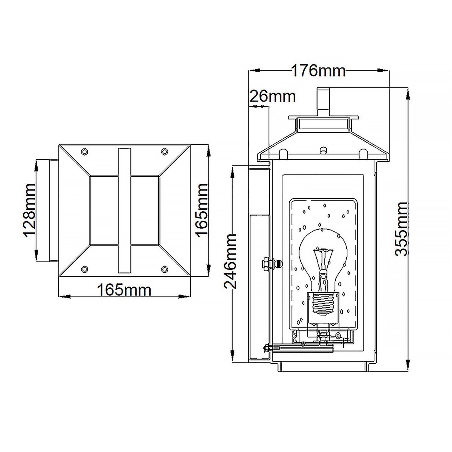 Außenwandleuchte E27 35,5 cm hoch IP44 Schwarz Lichtrupenhalter, Lampenfassade, Wand-/Durchbruch-Box, Glühbirne, Technische Zeichnung