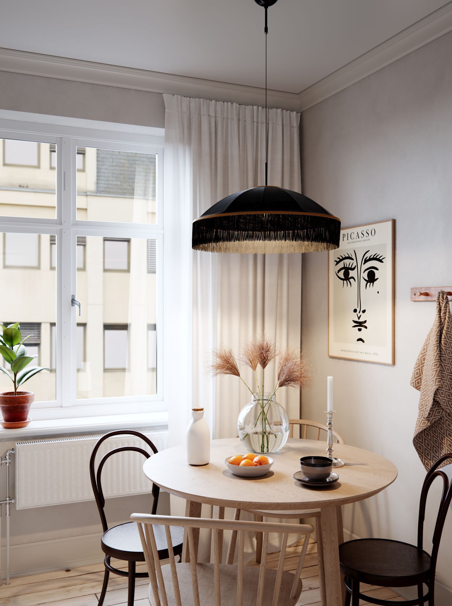 Hängelampe Stoffschirm Fransen D: 60 cm Schwarz Gold E27 Esstisch, Tisch, Esszimmer, Innenarchitektur, Fenster