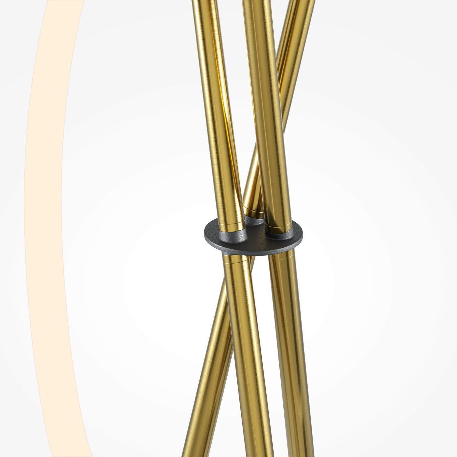 LED Stehlampe Tripod dimmbar Messing 162 cm 36 W 3000 K goldenestäbe, Metallfäden, Ringsklemmung, Torusform-Verbindungsring, goldene Oberfläche