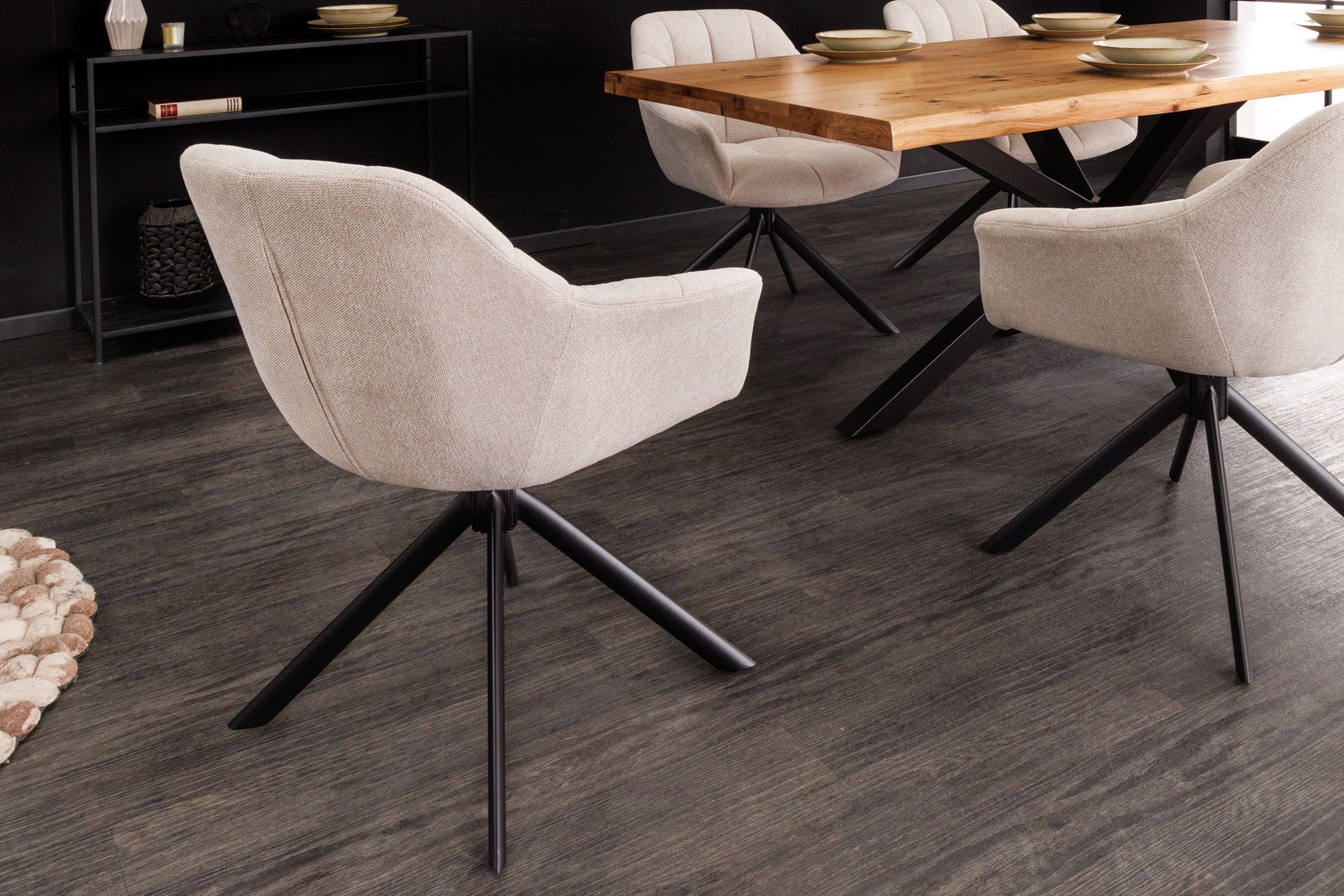 Bürostuhl ohne Rollen Creme Beige Schwarz Stoff Metall Retro Fußboden, Holz, Mobiliar, Tabelle, Bodenbeläge