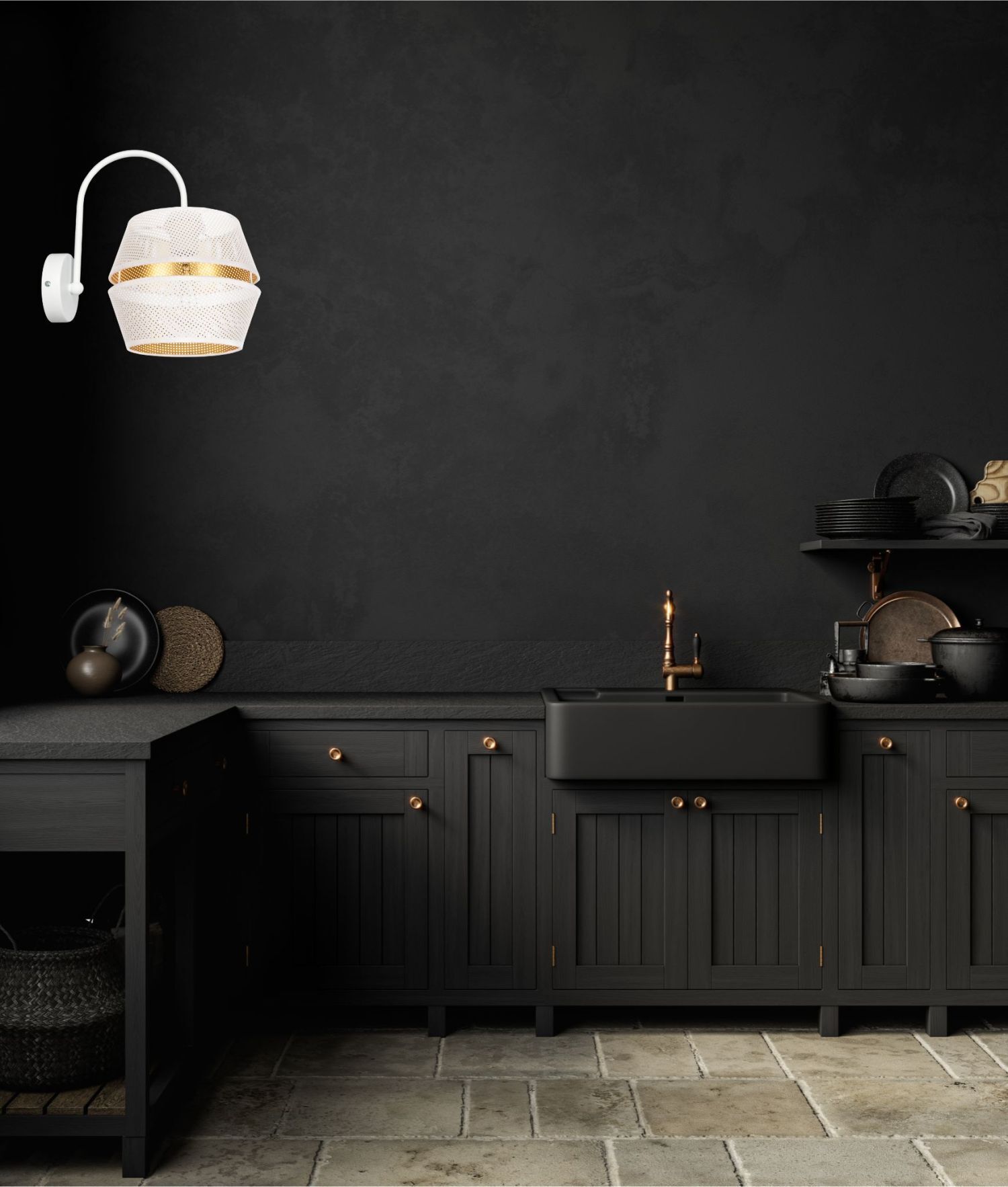 Küchenunterschrank, Waschtisch, Spüle, Wandlampe, Keramikfliesen