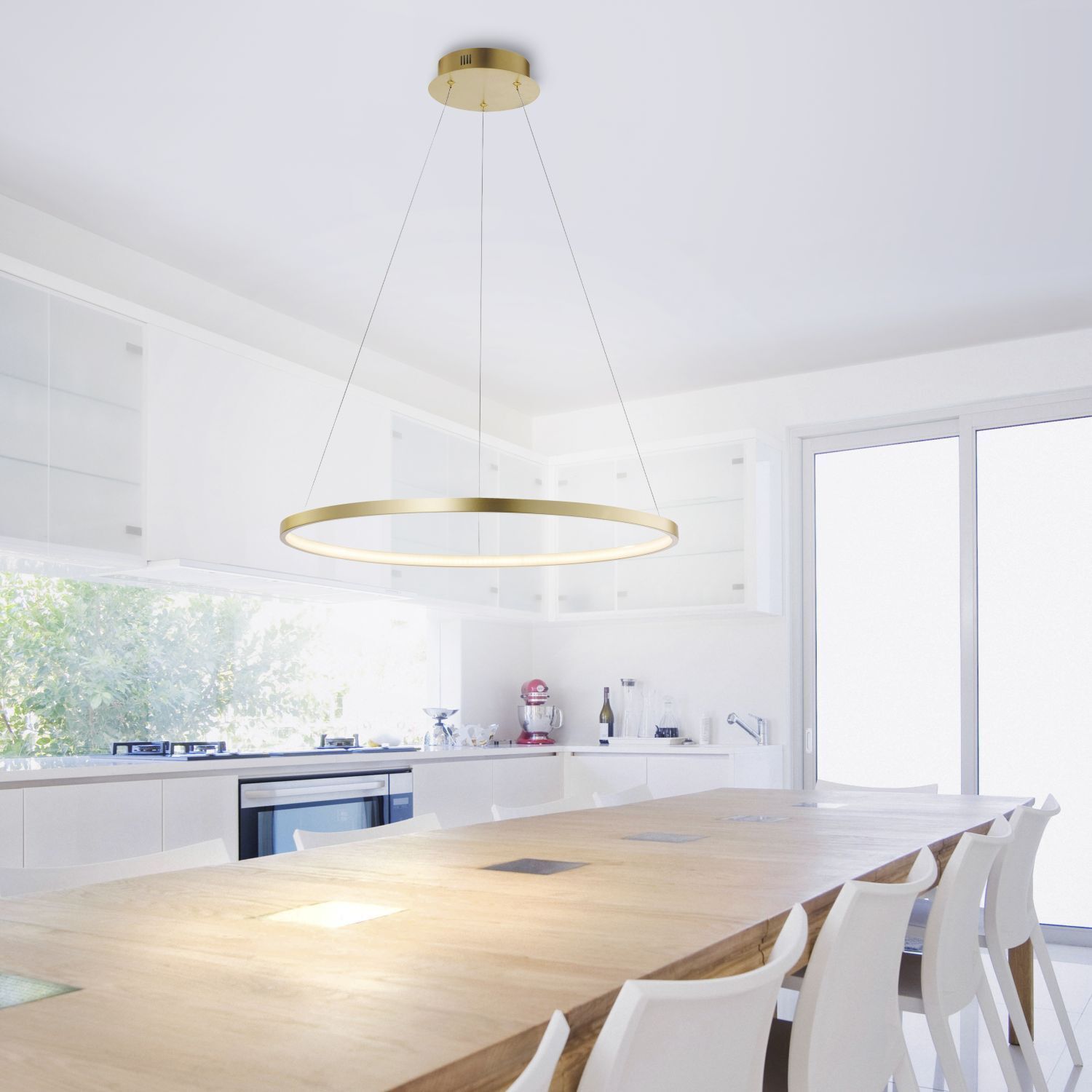 LED Hängelampe Ring in Gold Metall Ø60 cm 3670 lm 29 W Speisesaal, Esstisch, Drinnen, Innenarchitektur, Küche