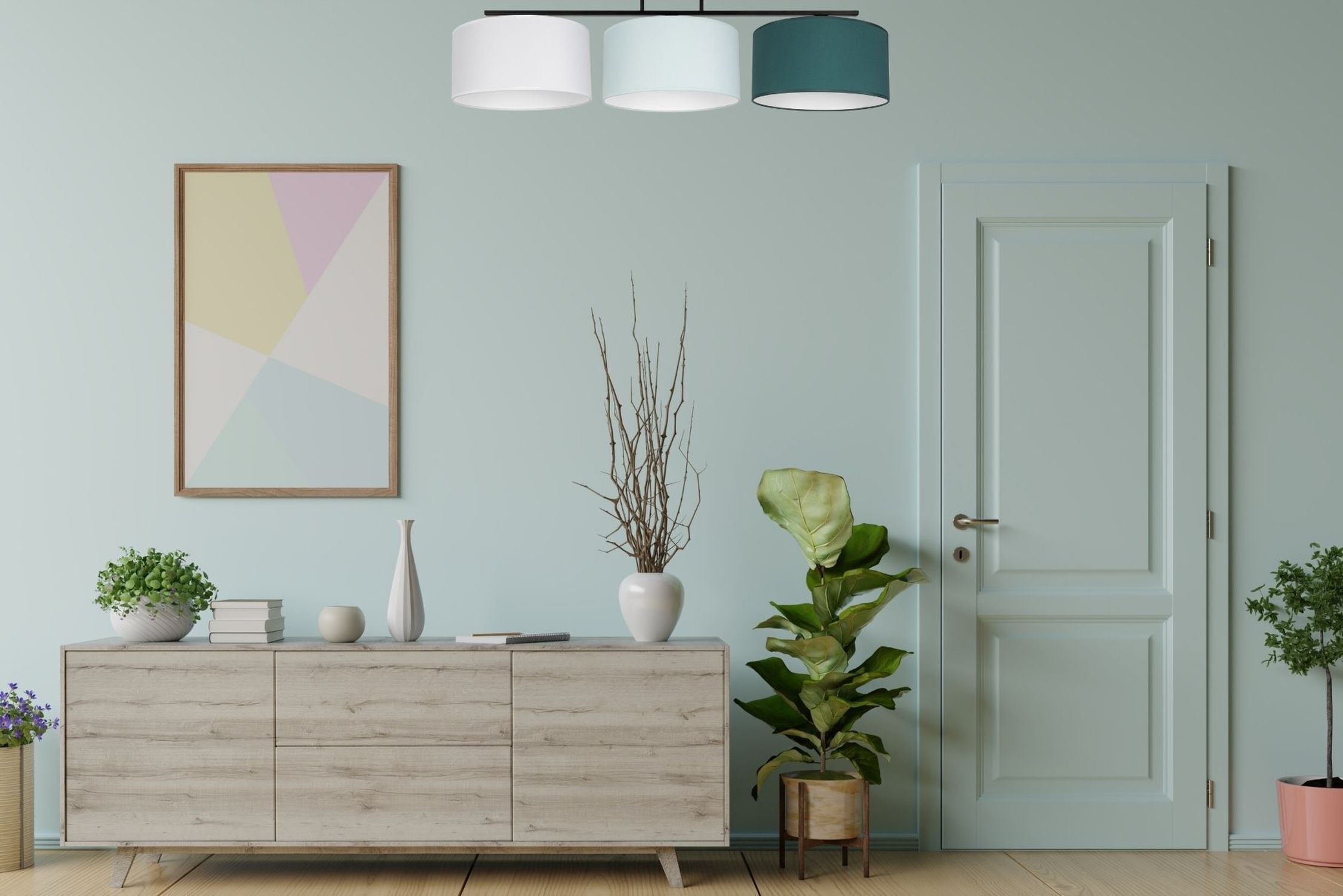 Deckenlampe Stoff Weiß Mint Grün E27 L:100 cm blendarm Pflanze, Pflanze im Topf, Innenarchitektur, Anrichte, Blumen-Arrangement