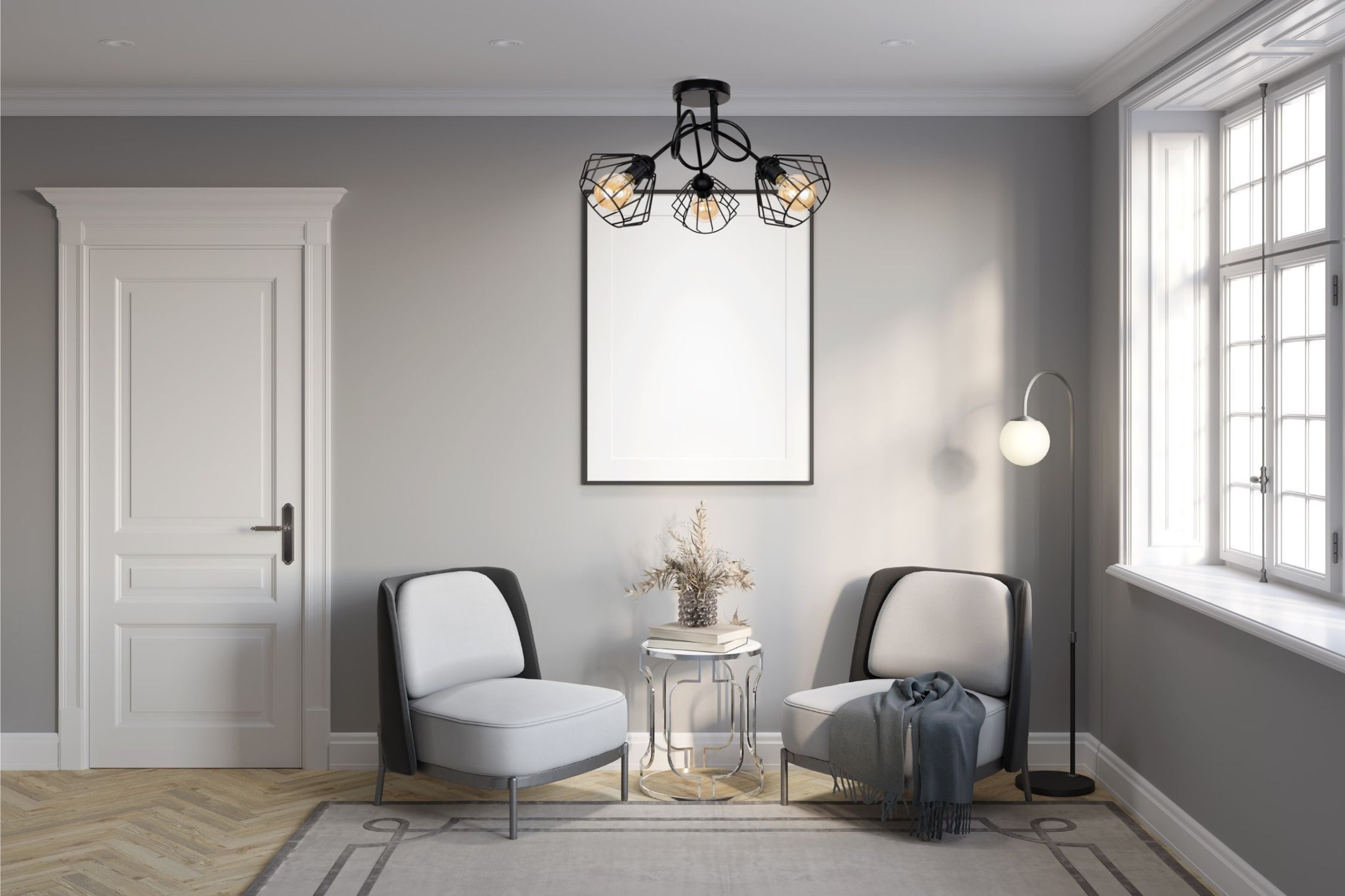 wohnzimmer, lichteckstühle, hocker, bodenlampe, rahmigerrahmen