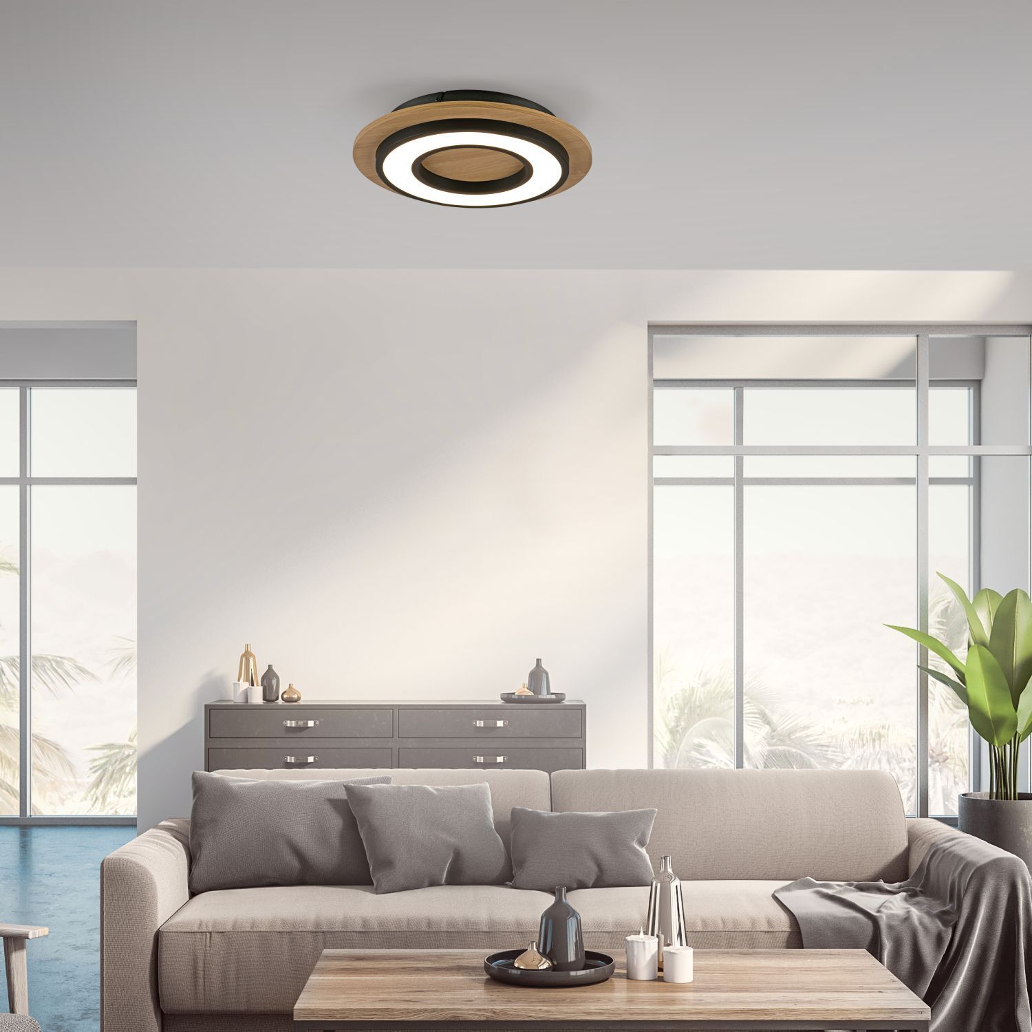 LED Deckenlampe Holz Metall 3000 K wohnlich blendarm Wohnzimmer, Innenarchitektur, Couch, Deckenleuchte, Dekoration für Zuhause