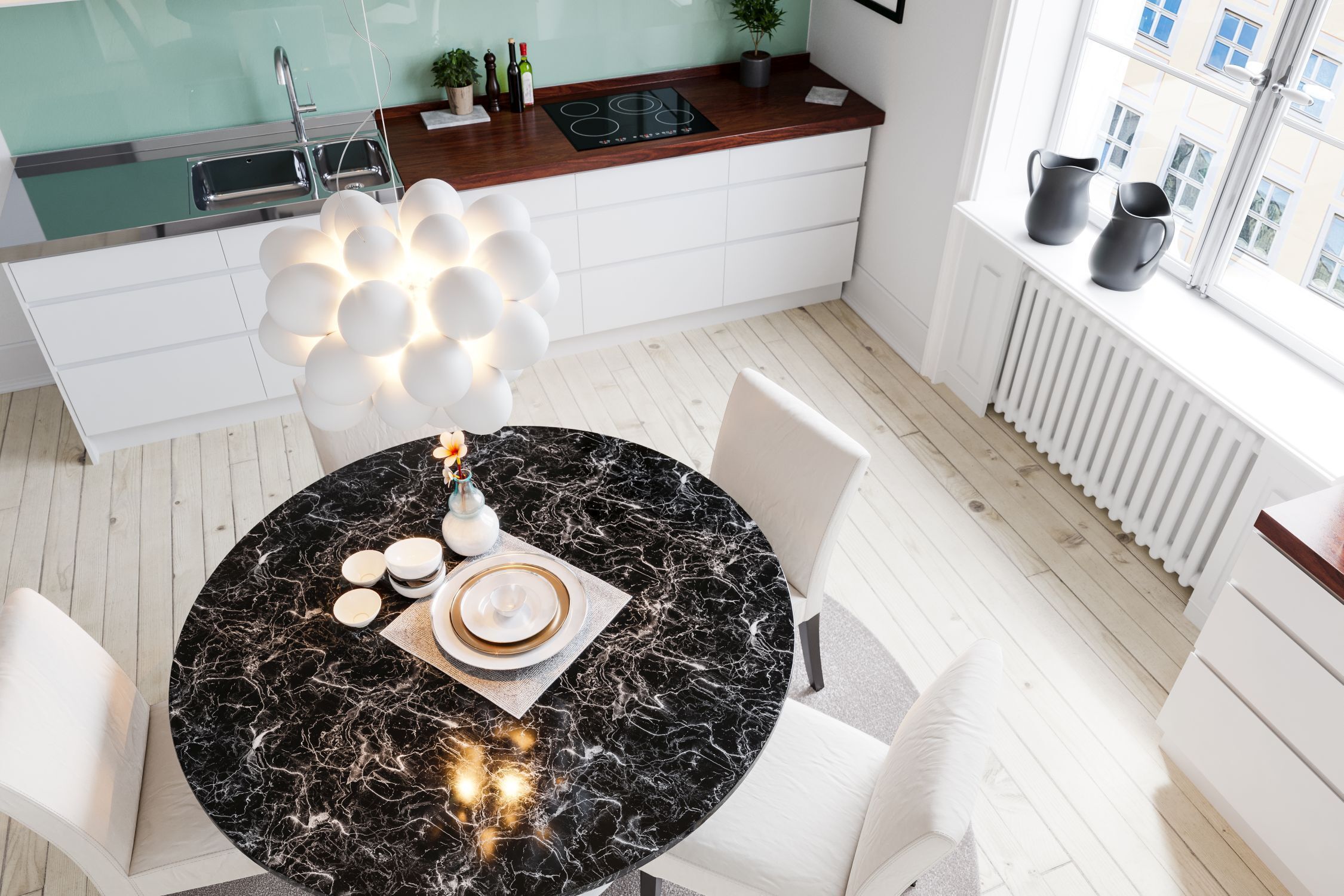 Deckenleuchte Glas Schirme B: 50 cm 8x G9 Modern Weiß Chrom Moebel, Tabelle, Tischplatte, Esstisch, Esszimmer