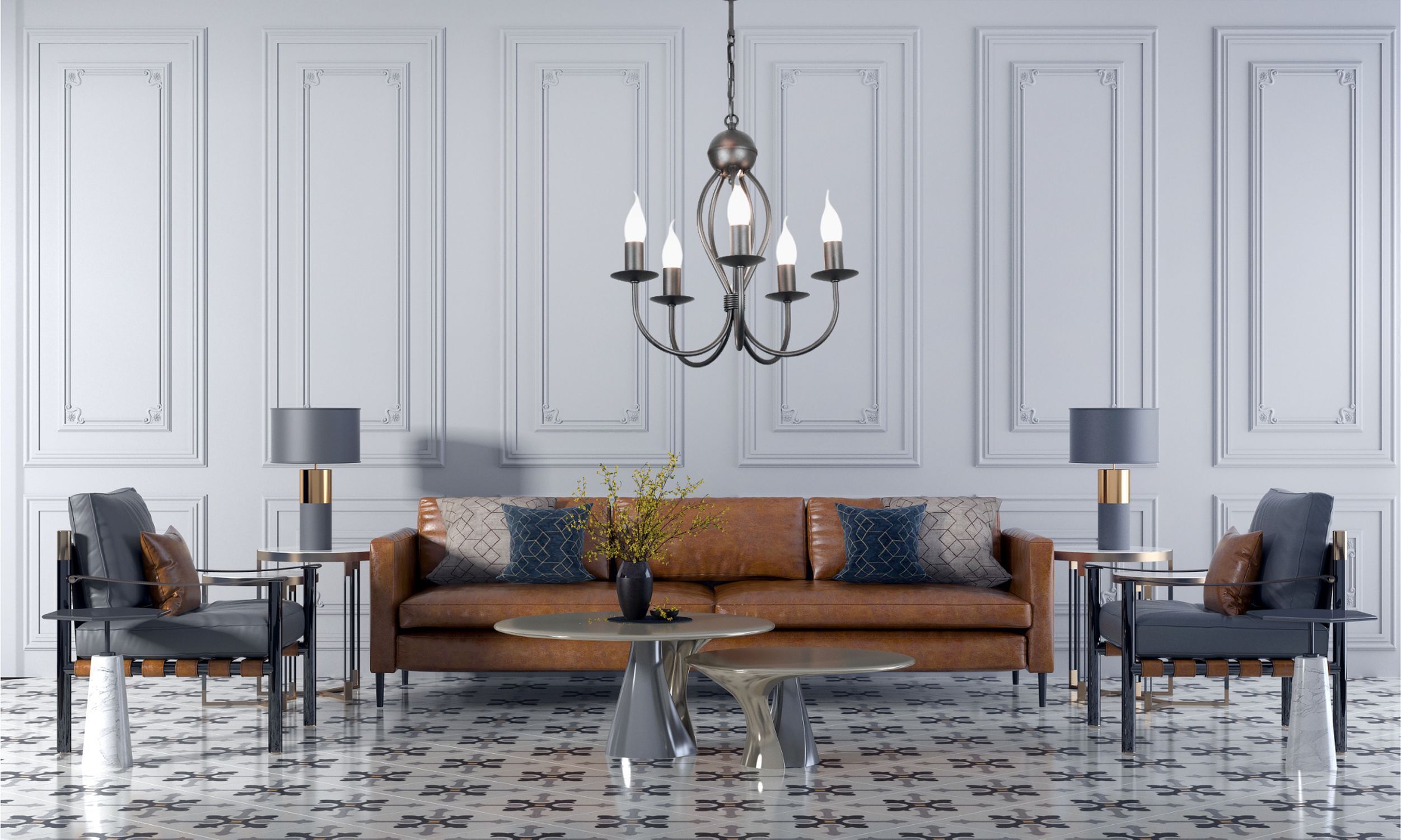 sofa, wohnzimmer, braunes leder, armstühle, kronleuchter