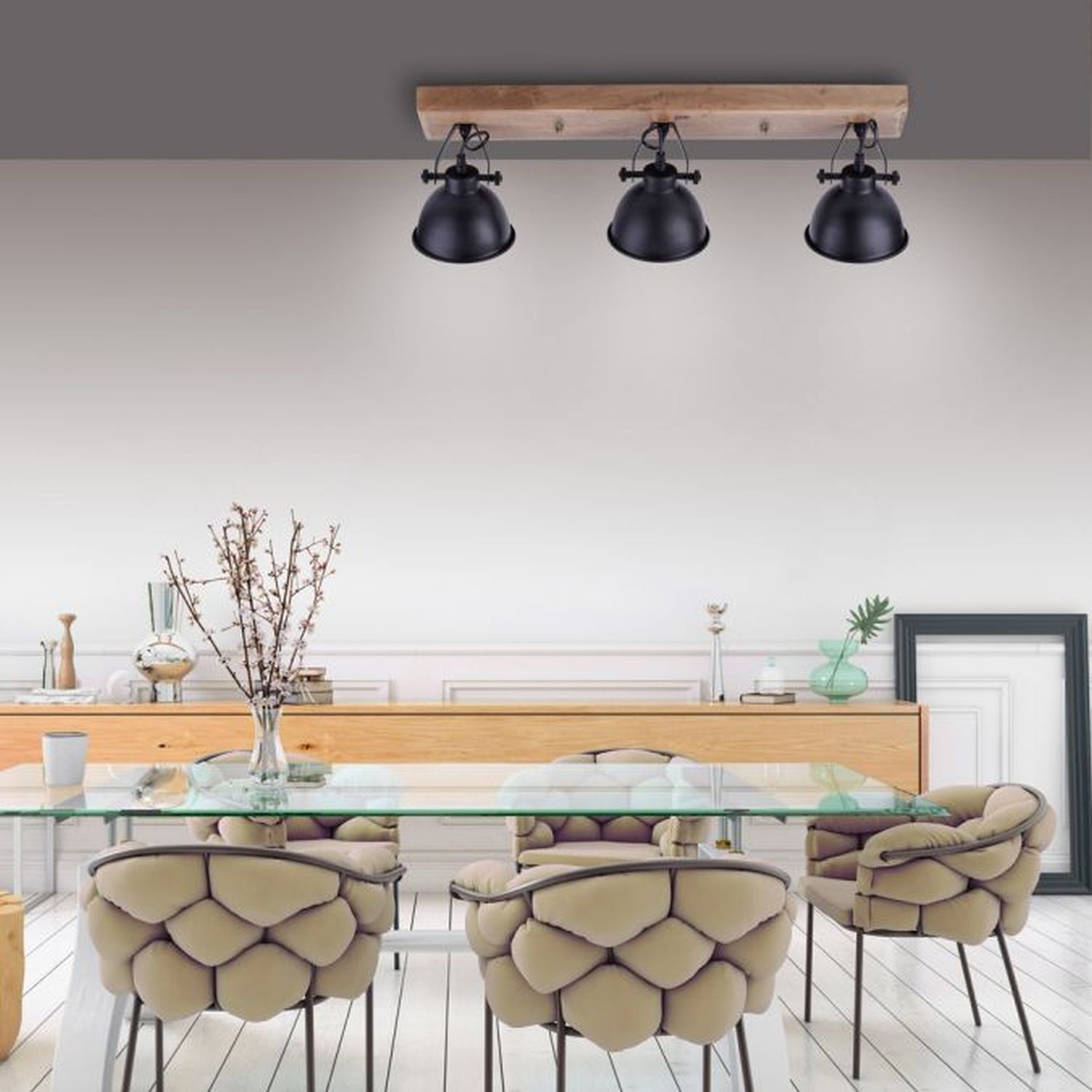 Industrial Deckenspot Holz Metall Schwarz E14 74 cm Speisesaal, Esstisch, Tisch, Beleuchtung, Innenarchitektur