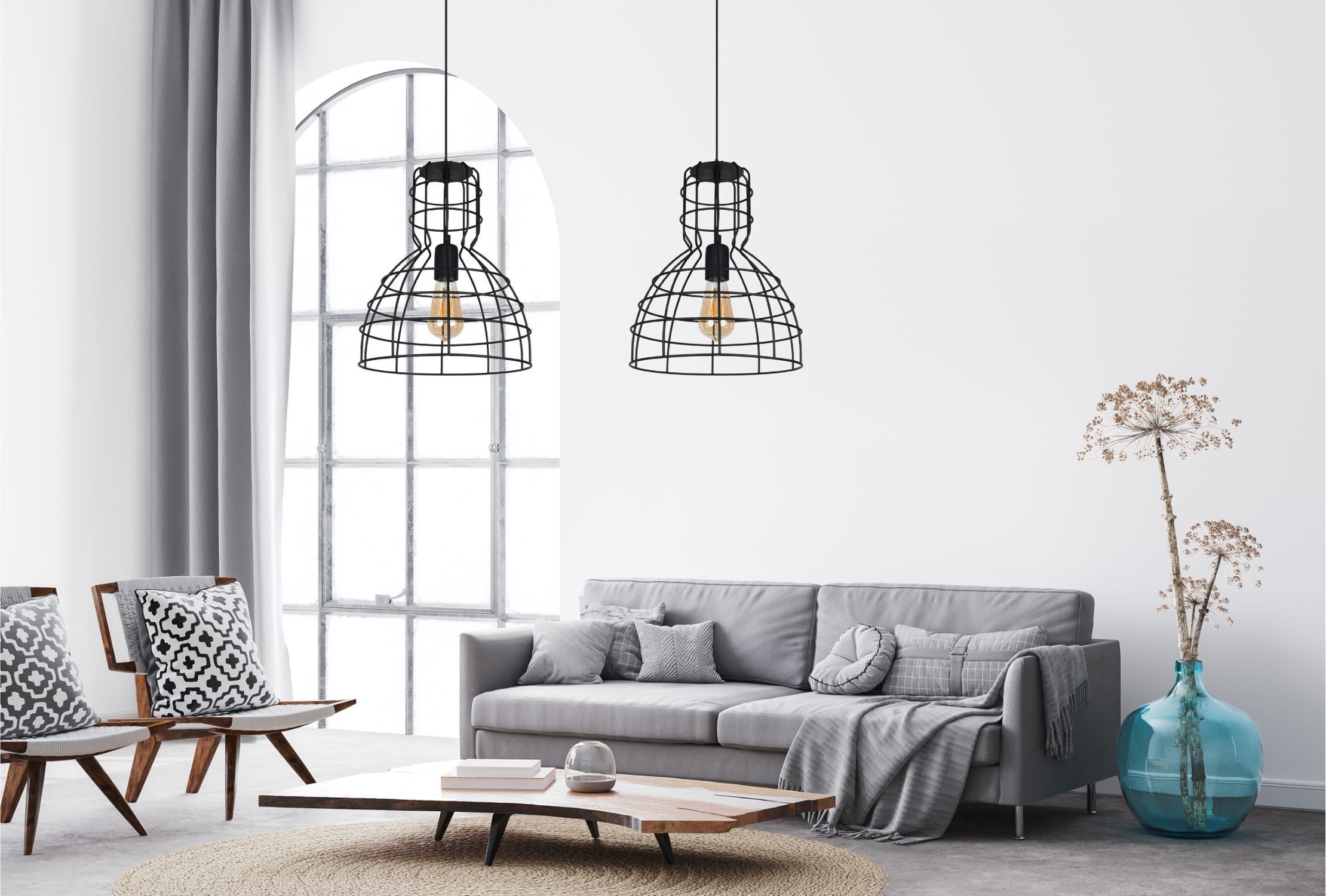 wohnzimmer, sofa, pendelleuchten, industriell, vase