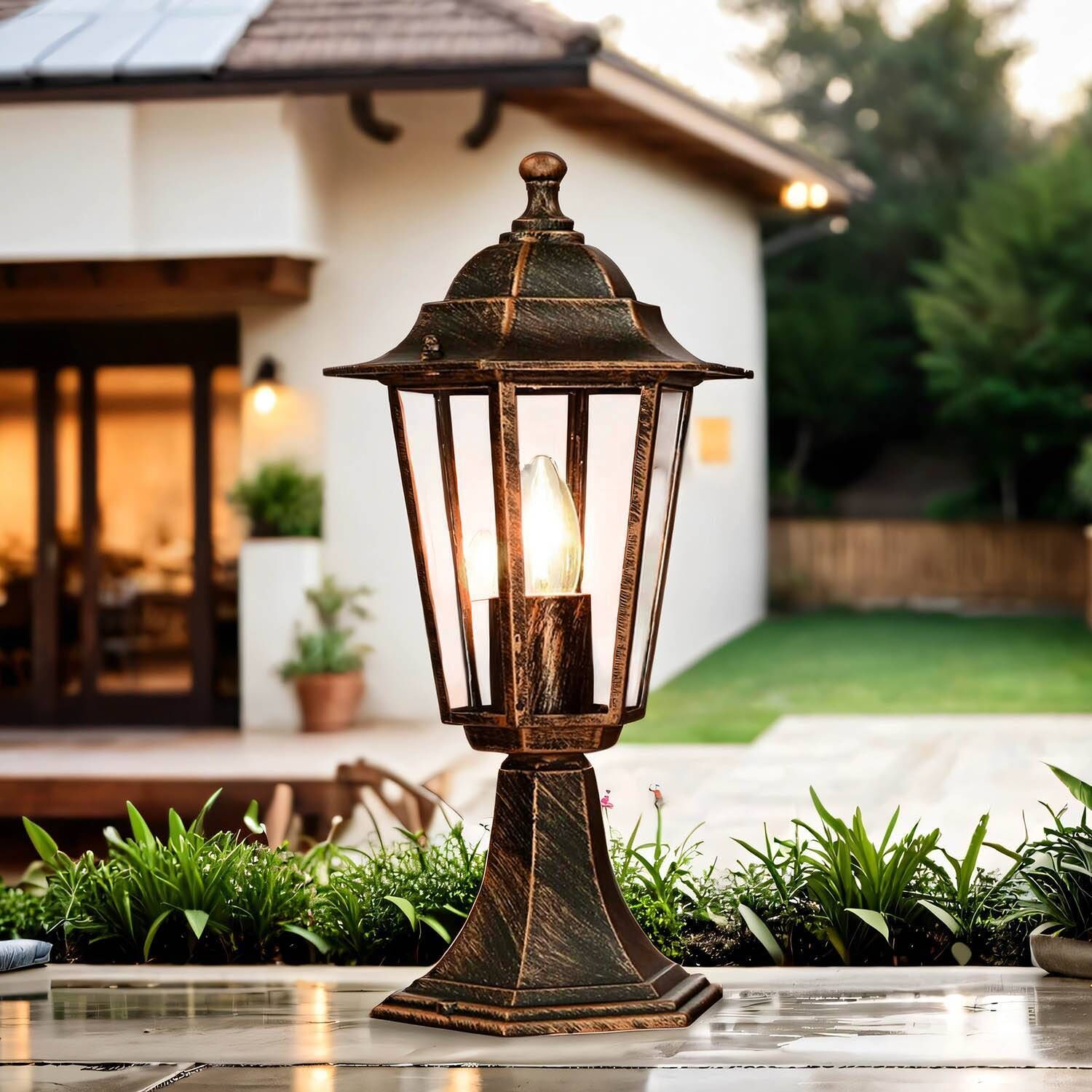 Sockelleuchte Rustikal 40 cm Alu Glas E27 IP43 in Kupfer Antik Lampe