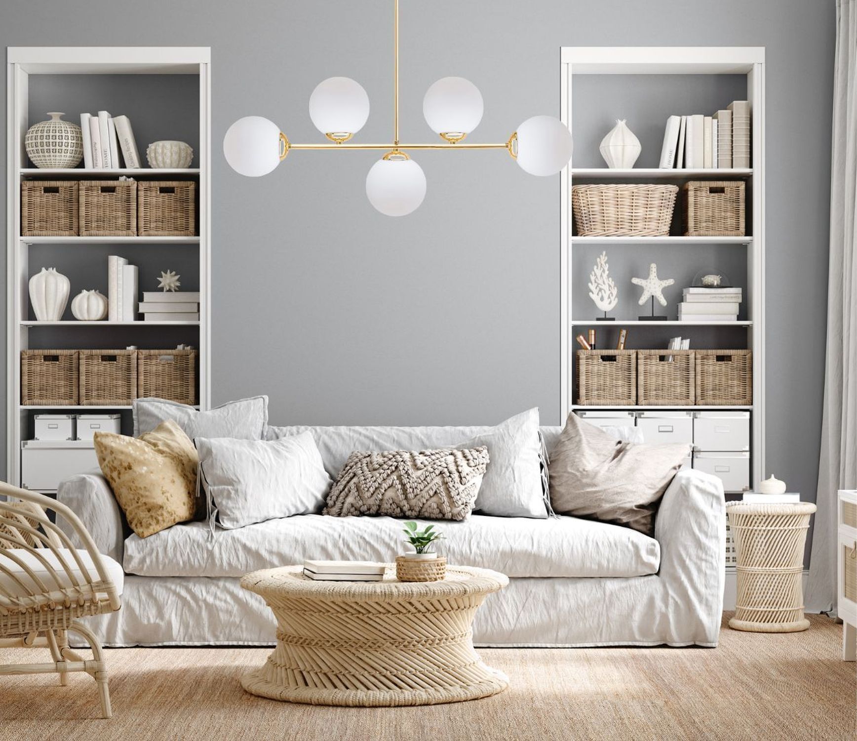 Goldene Deckenleuchte Glaskugeln blendarm 5-flmg Metall Sofa, Wohnzimmer, Körbe aus Korbgeflecht, Regale, Dekorationsartikel