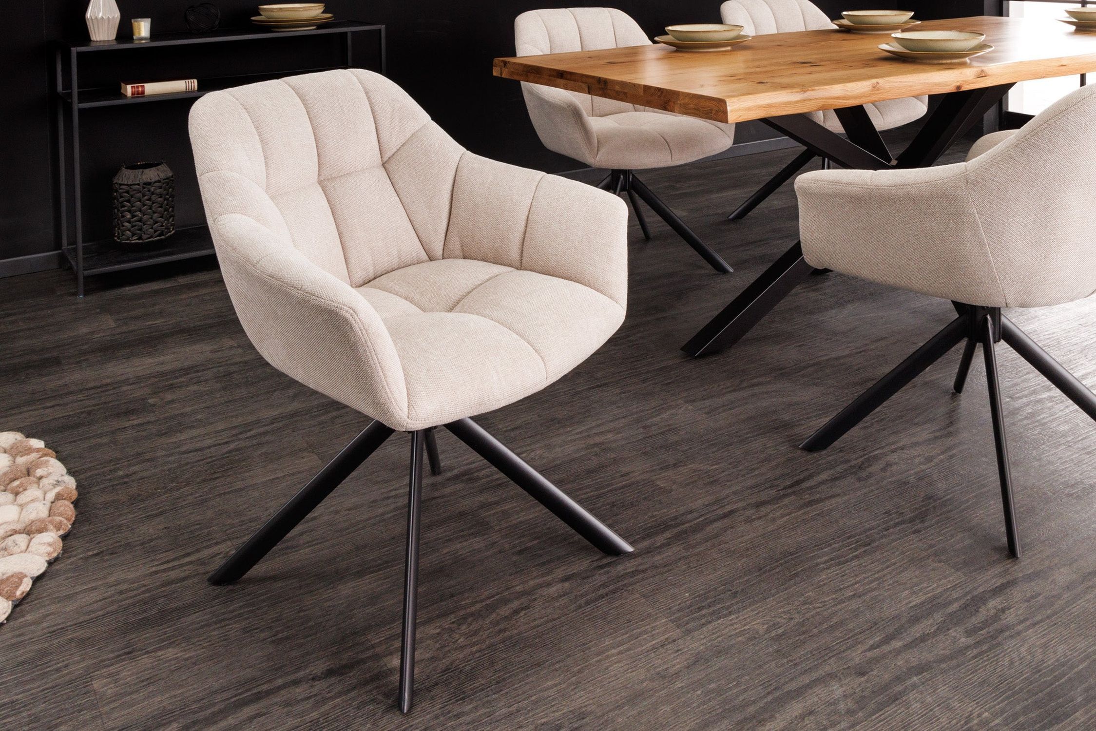 Bürostuhl ohne Rollen Creme Beige Schwarz Stoff Metall Retro Moebel, Stuhl, Fußboden, Holz, Tasse