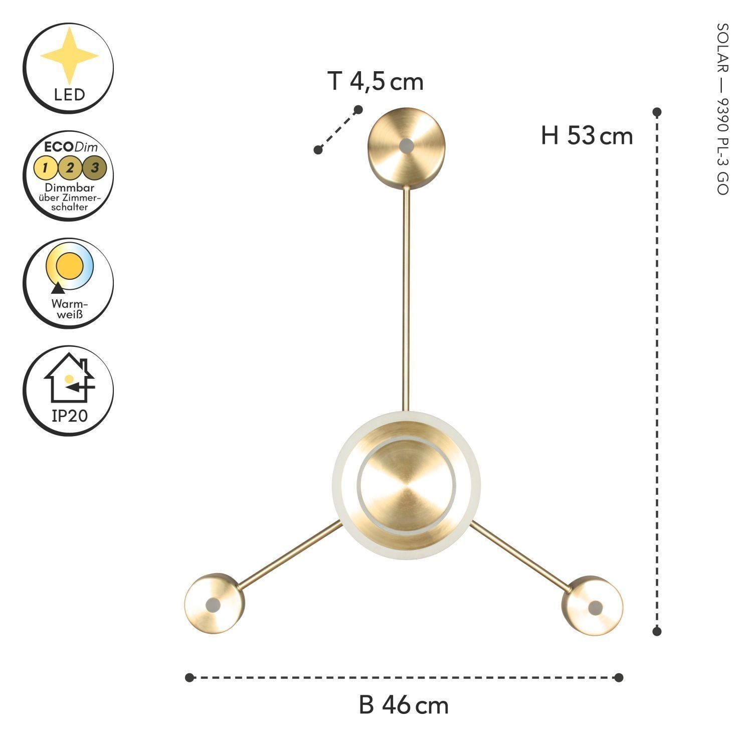 Wandleuchte, Deckenleuchte, Edelstahl, Gold, Dreibein-Lampe