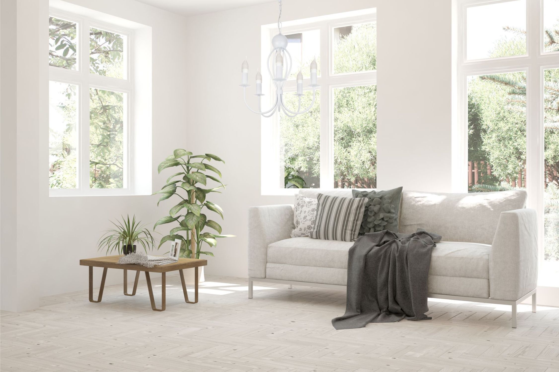 Weißer Kronleuchter Metall 5-flammig E14 Klassisch Couch, Pflanze, Fenster, Französisches Fenster, Inneneinrichtung